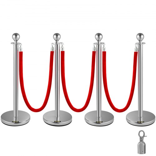 Eilių valdymo atitvarai VEVOR Silver Stanchions 4Pcs, 4 stulpeliai su 2 virvėmis