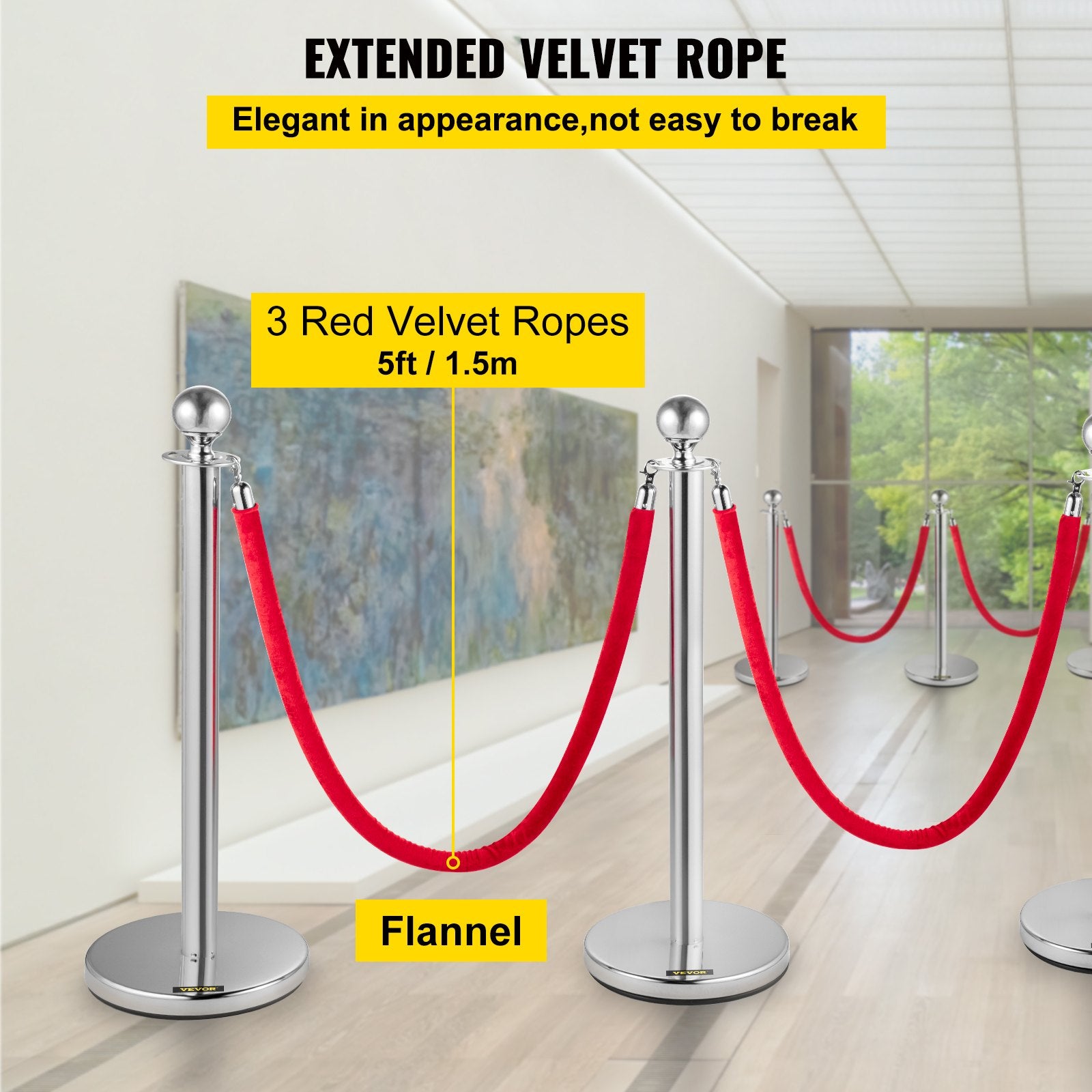 Eilių valdymo atitvarai VEVOR Silver Stanchions 4Pcs, 4 stulpeliai su 2 virvėmis