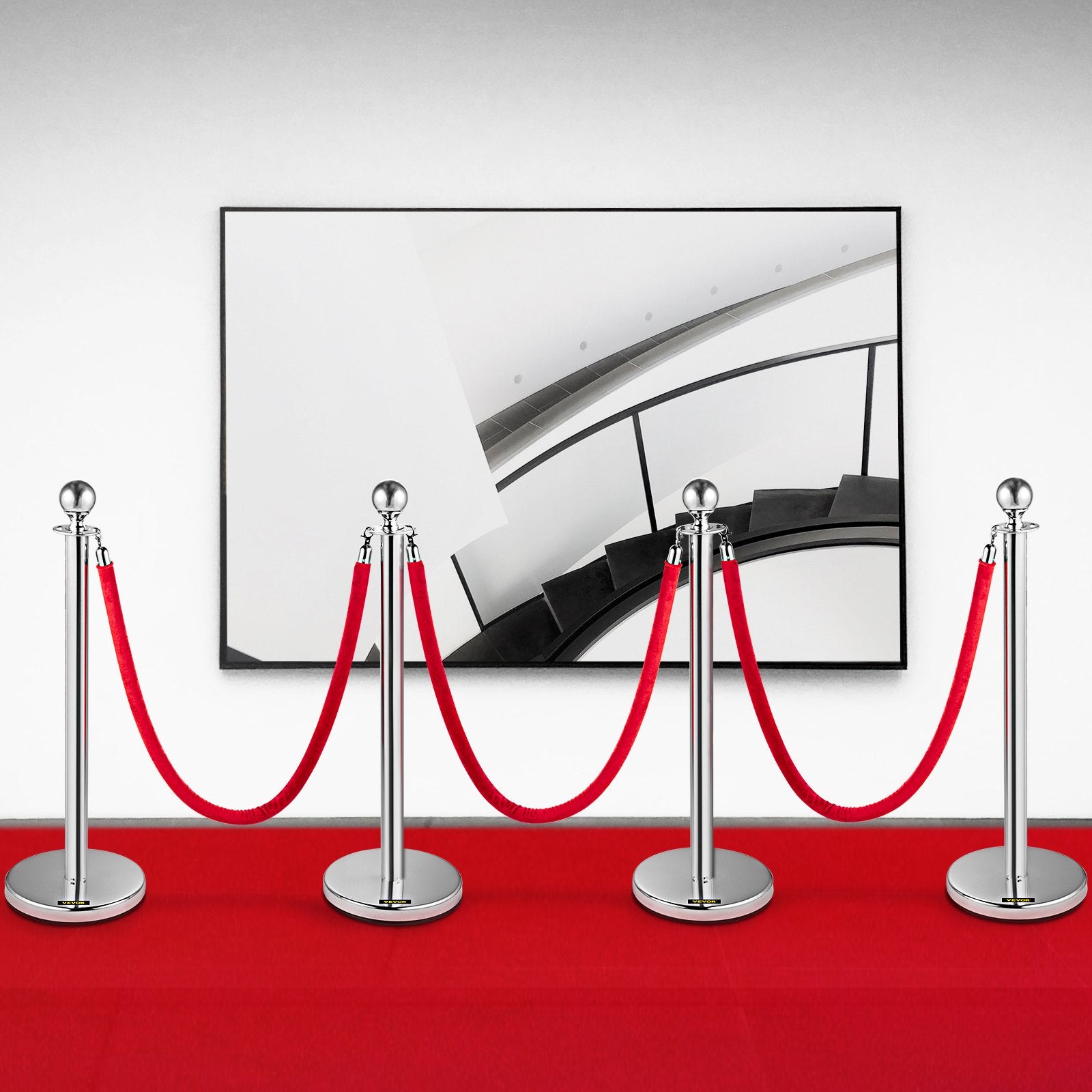 Eilių valdymo atitvarai VEVOR Silver Stanchions 4Pcs, 4 stulpeliai su 2 virvėmis