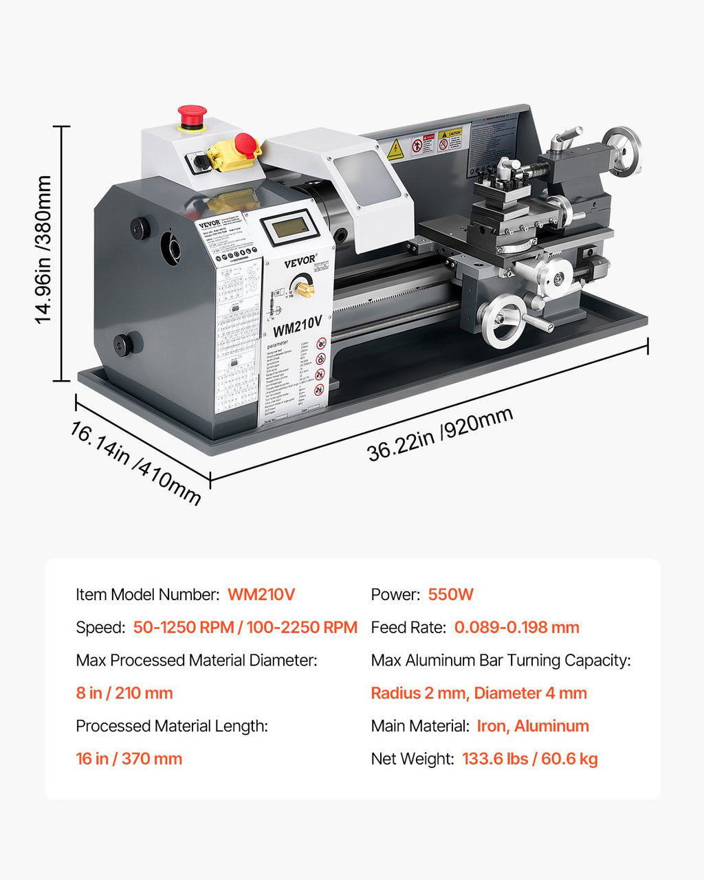 Metalo tekinimo staklės VEVOR WM210V, 550 W