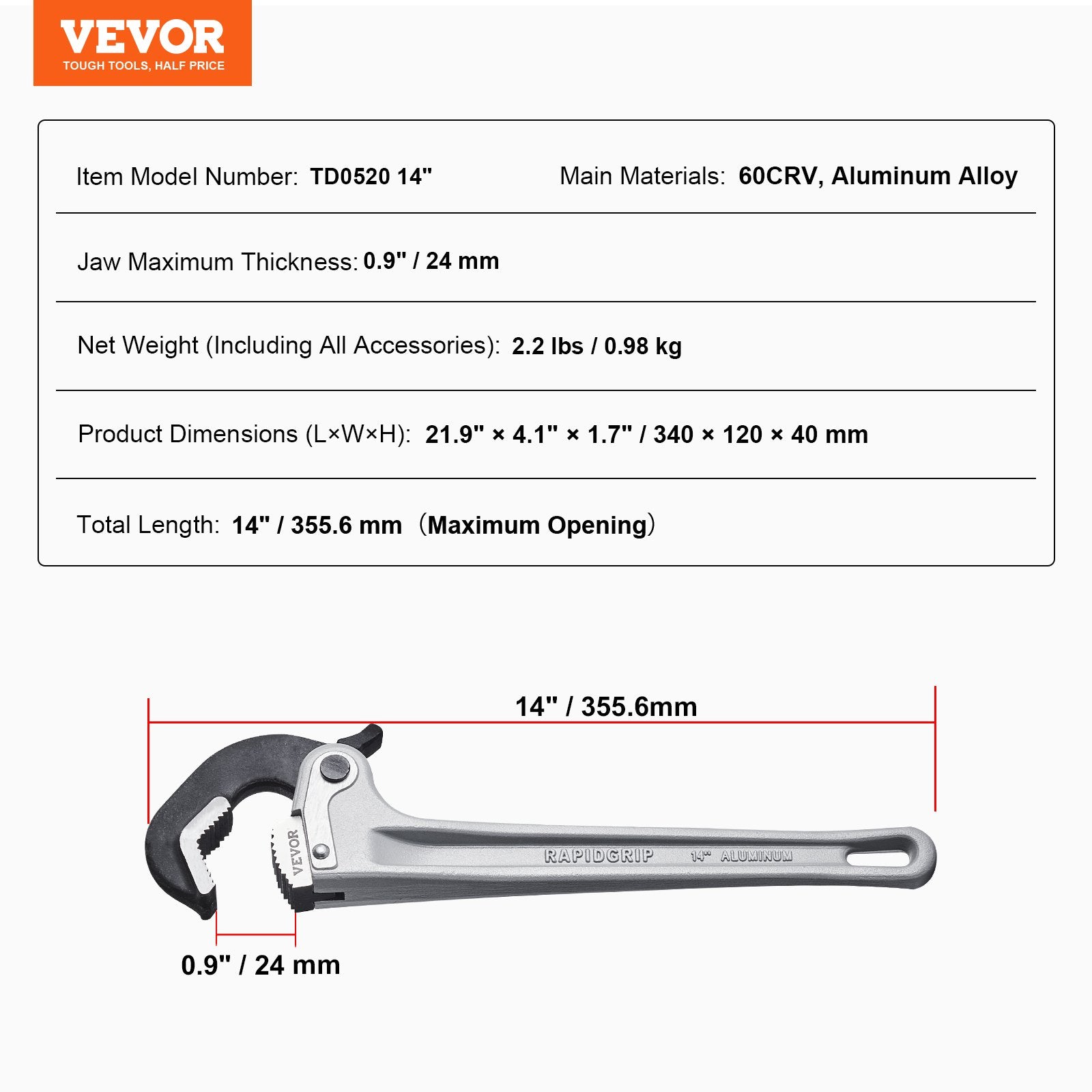 Vamzdžių raktas VEVOR TD0520 14", 355 mm