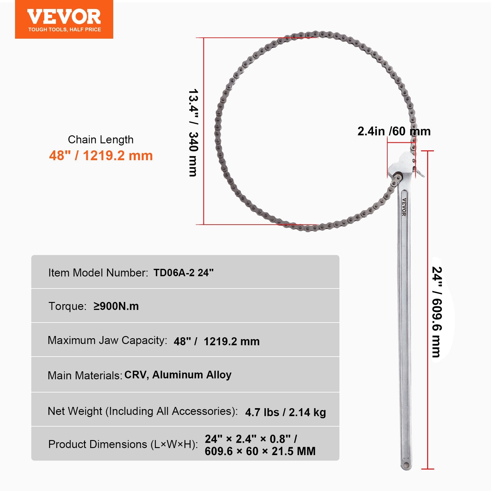 Grandininis vamzdžių raktas VEVOR TD06A-2 24", 121,9 cm grandinė