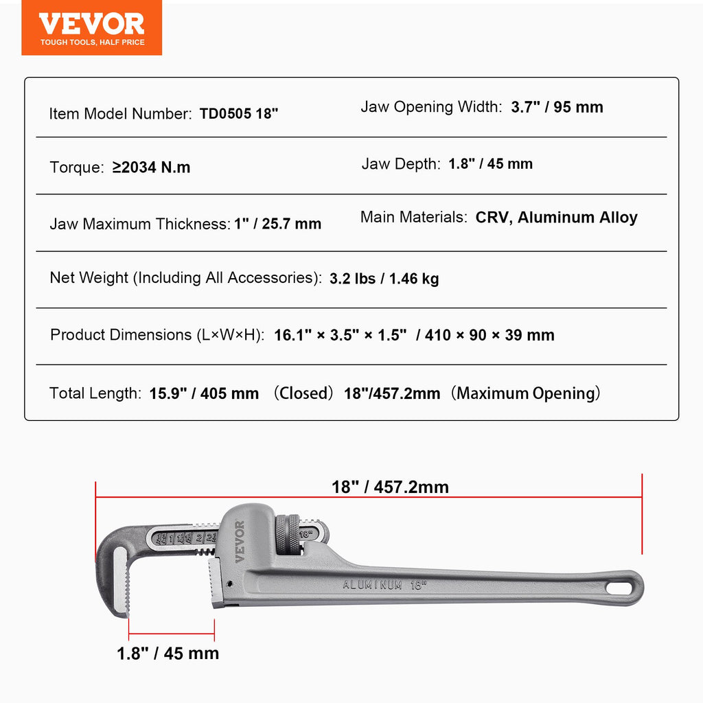 Vamzdinis raktas VEVOR TD0505 18", 450 mm ilgio