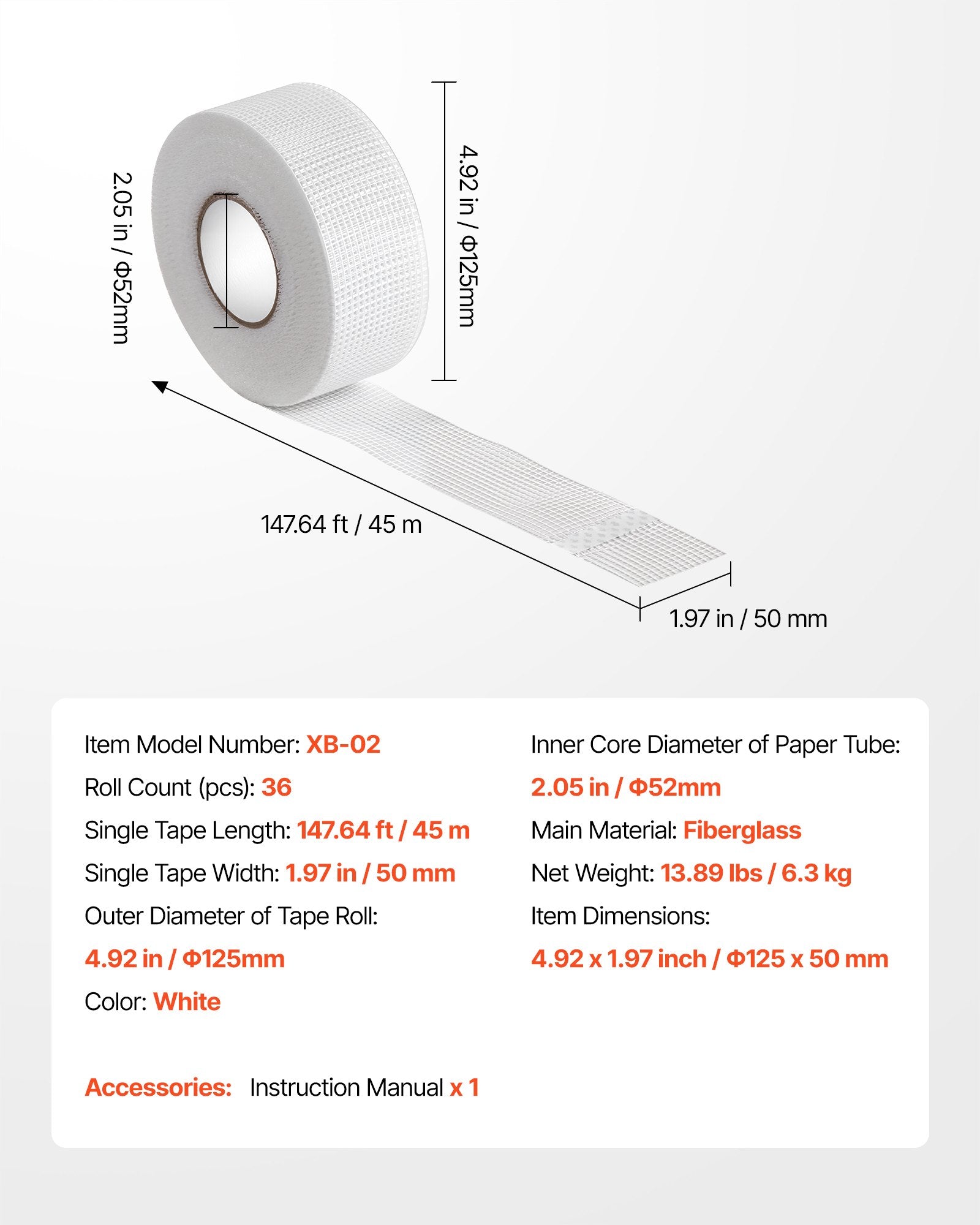 Gipso kartono tinklelis VEVOR XB-01, 50 mm x 45 m, 36 vnt.