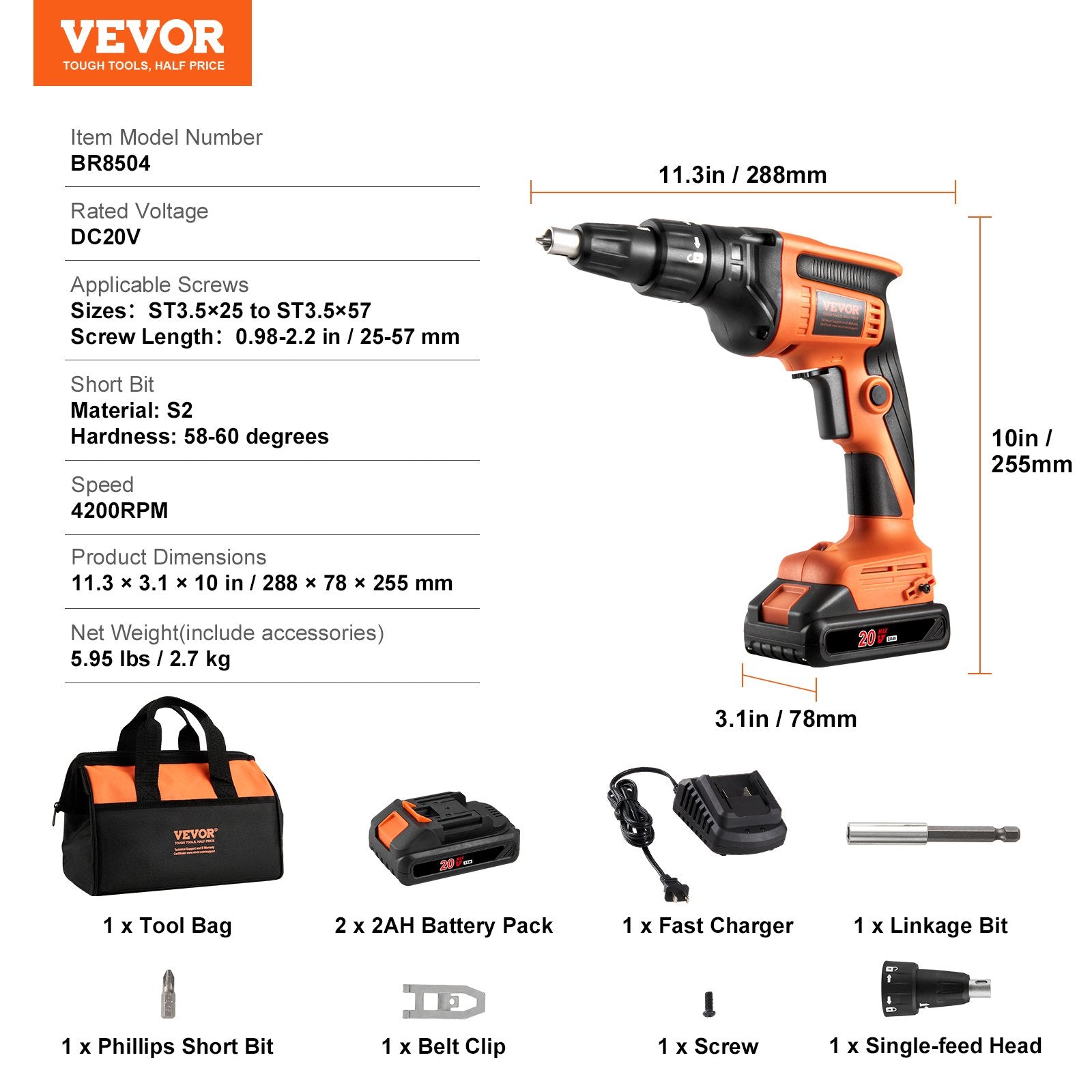 Akumuliatorinis gipso kartono suktuvas VEVOR BR8504, 20V