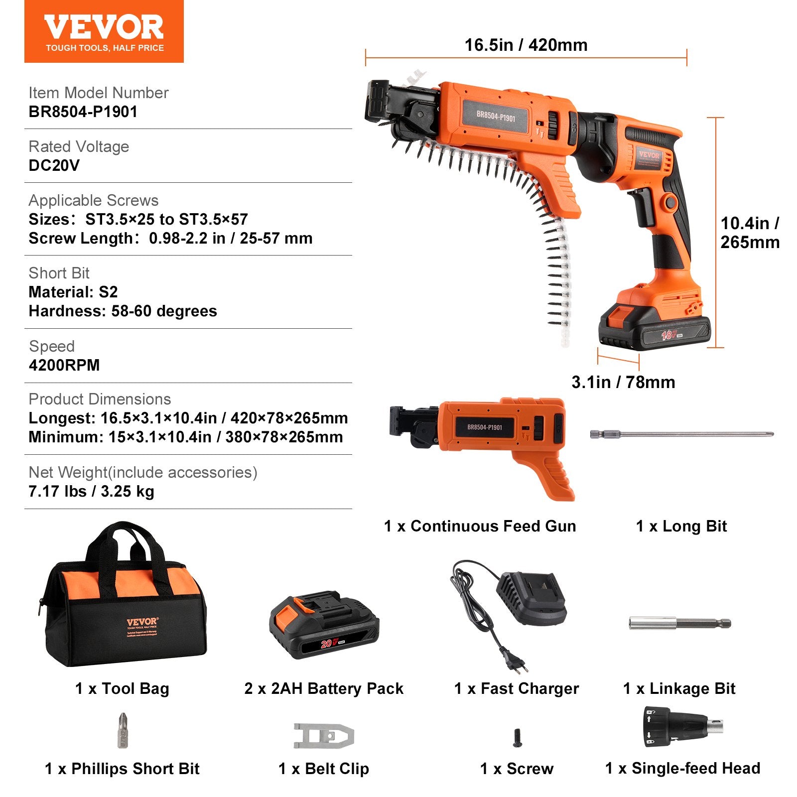 Akumuliatorinis gipso kartono suktuvas VEVOR BR8504-P1901, 20V