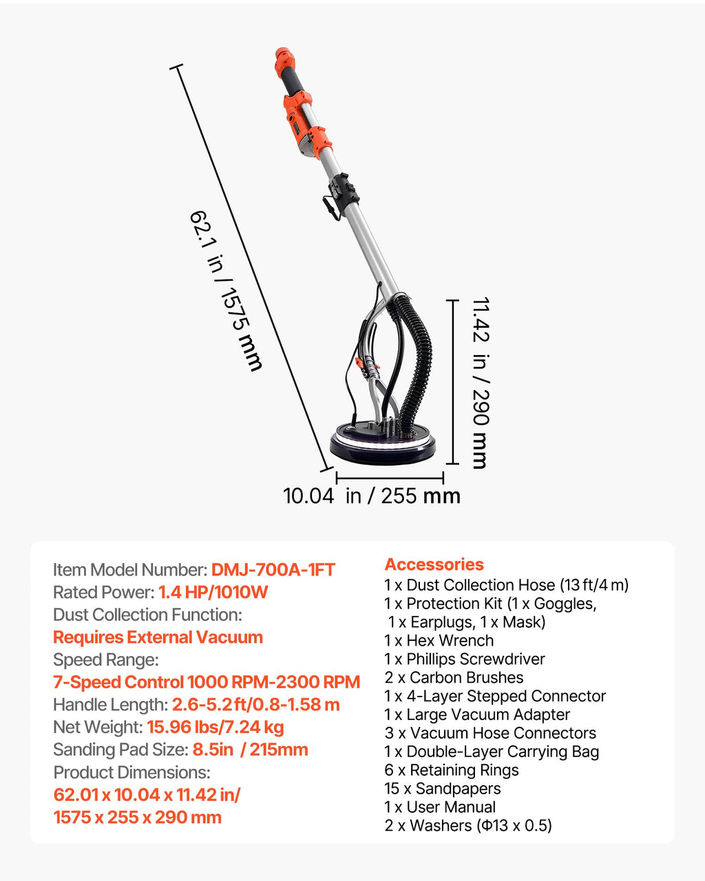 Glaistytų sienų šlifuoklis VEVOR DMJ-700A-1FT, 1010 W
