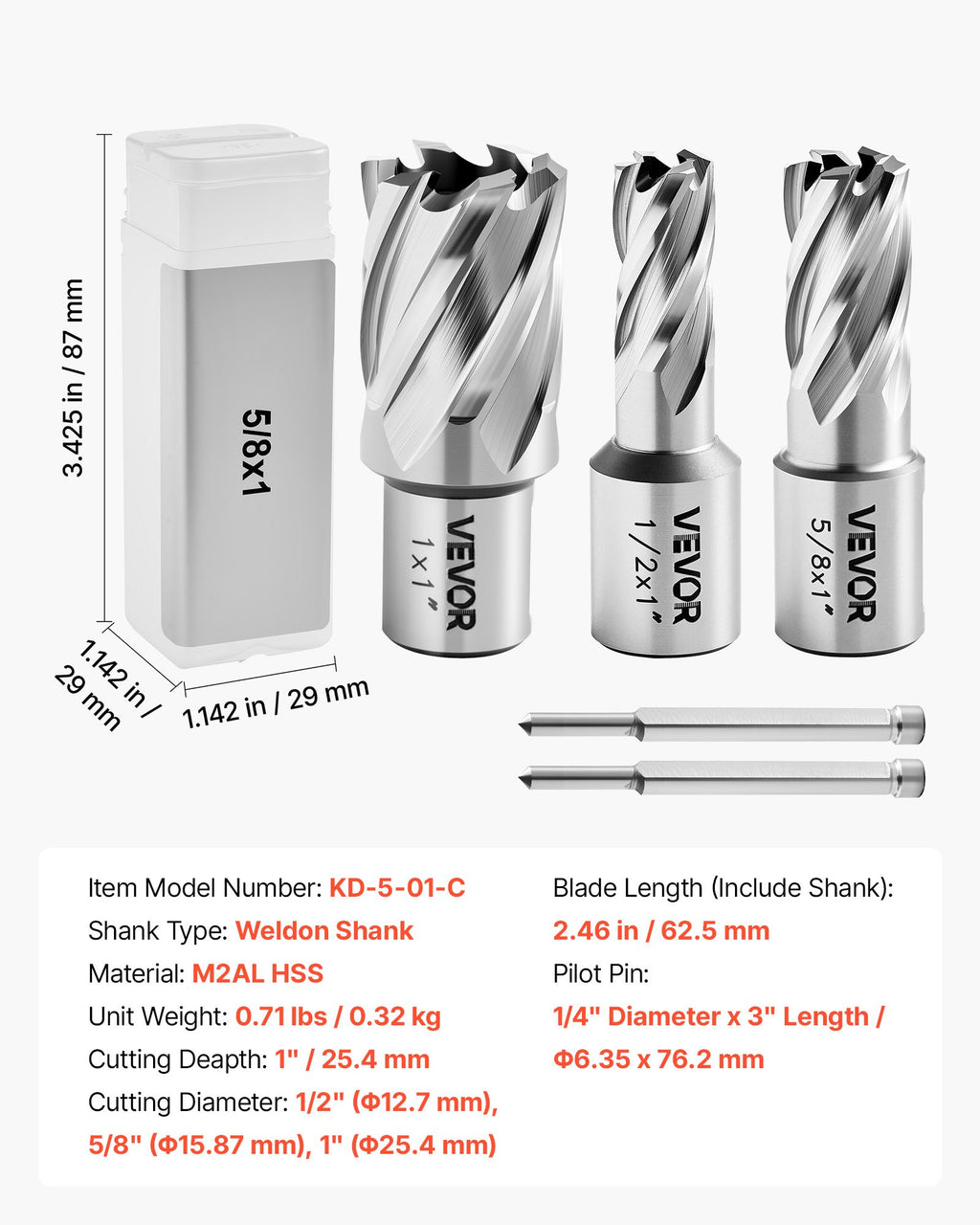 Žiedinių frezų rinkinys VEVOR KD-5-01-C, 25,4 mm pjovimo gylis