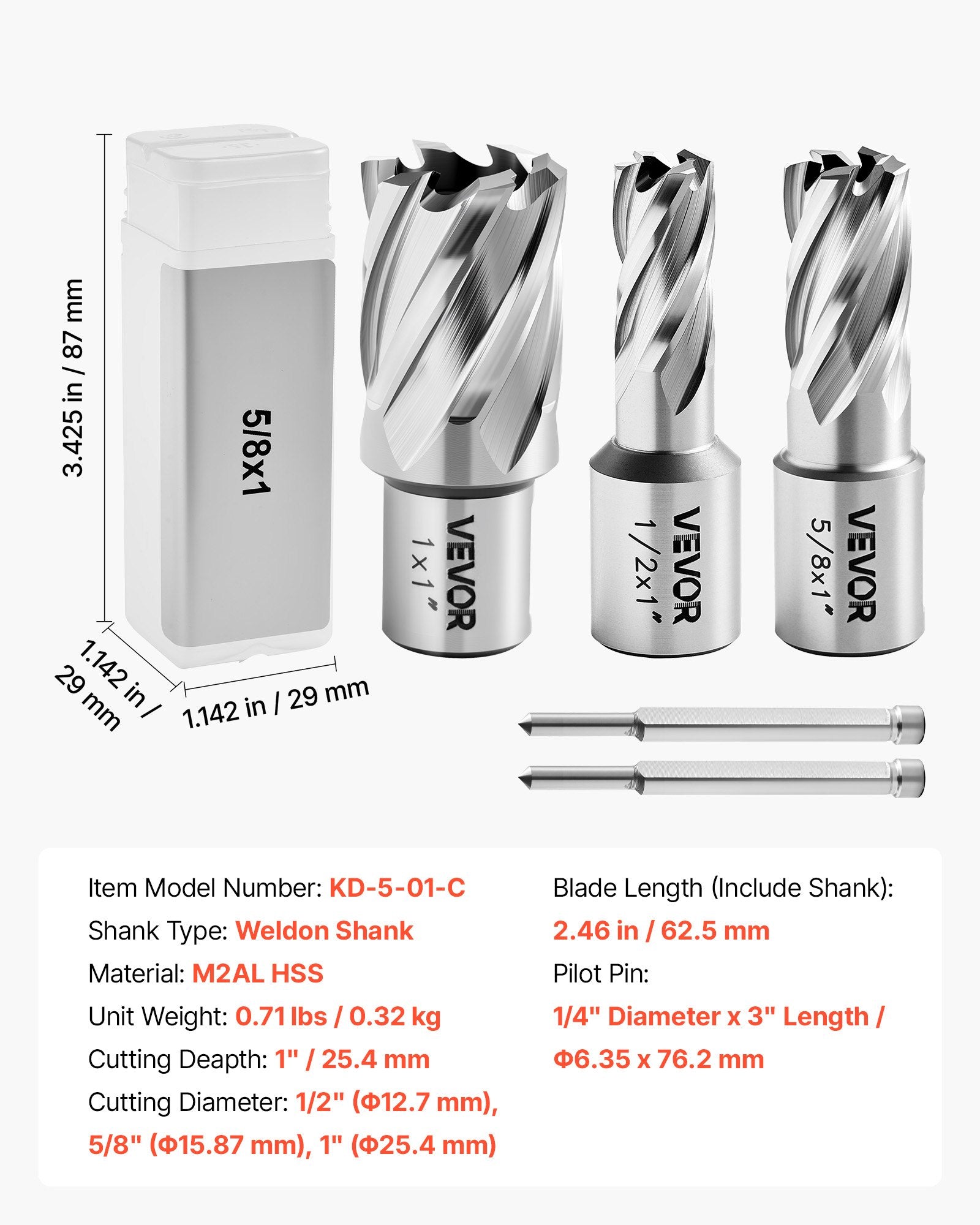 Žiedinių frezų rinkinys VEVOR KD-5-01-C, 25,4 mm pjovimo gylis
