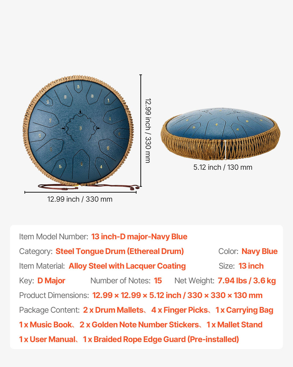 Plieno liežuvėlių būgnas VEVOR 13 inch-D major-Navy Blue, 33 cm