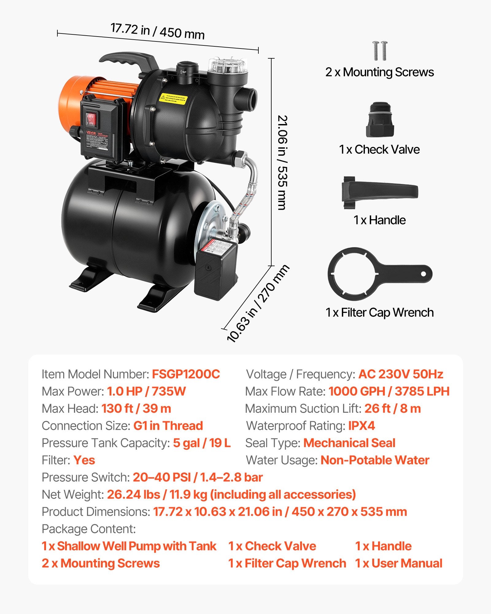 Vandens siurblys su hidroforu VEVOR FSGP1200C, 735 W