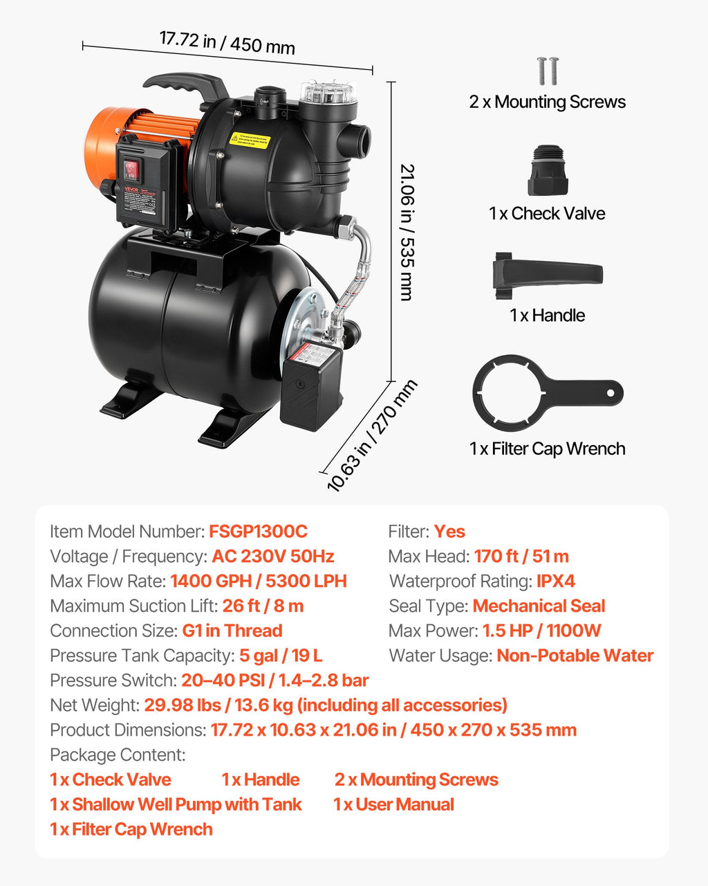 Vandens siurblys su hidroforu VEVOR FSGP1300C, 1100 W