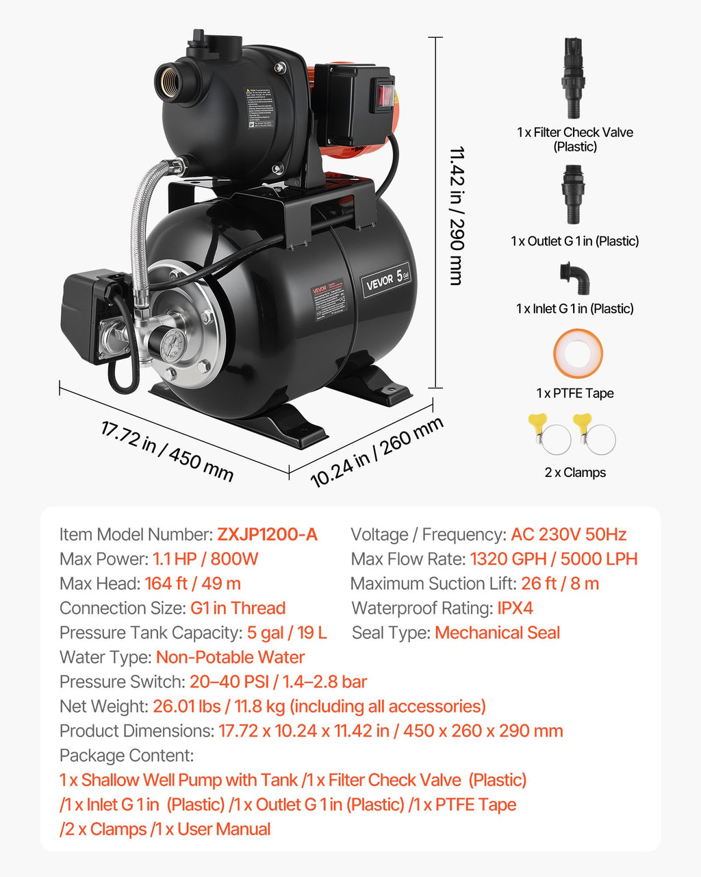 Vandens siurblys su hidroforu VEVOR ZXJP1200-A, 800W