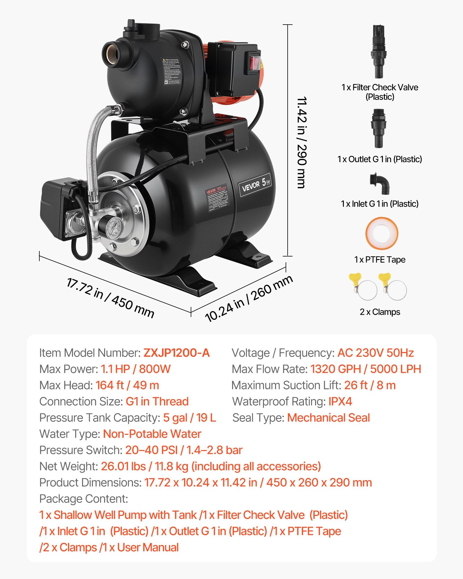 Vandens siurblys su hidroforu VEVOR ZXJP1200-A, 800W