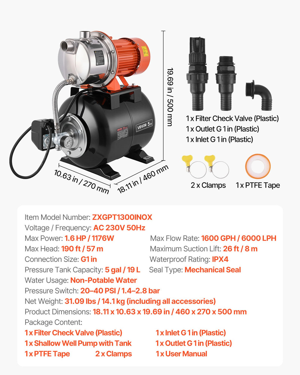 Vandens siurblys su hidroforu VEVOR ZXGPT1300INOX, 6000 l/val.