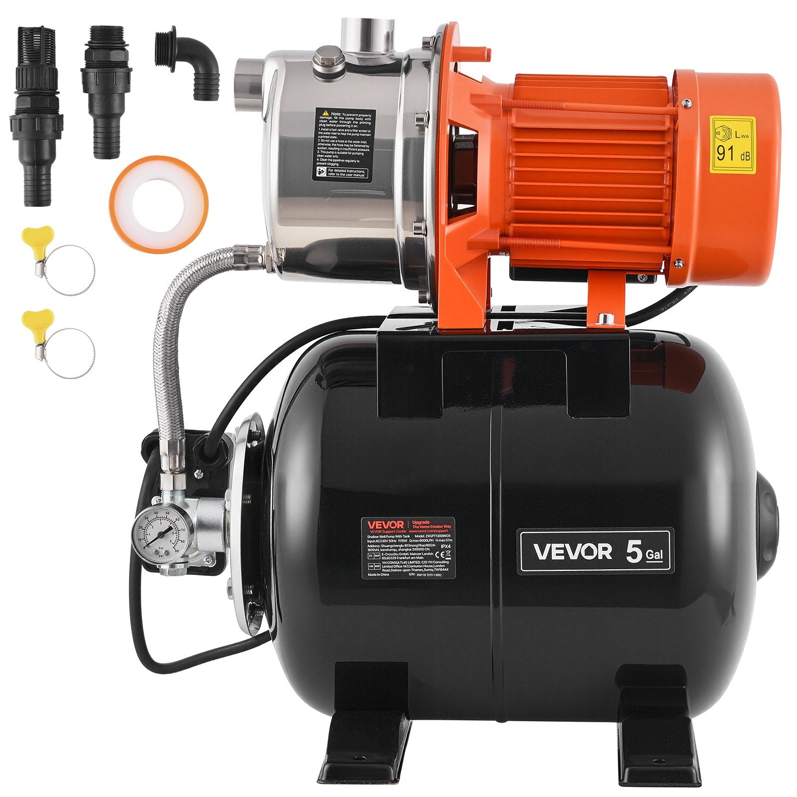 Vandens siurblys su hidroforu VEVOR ZXGPT1300INOX, 6000 l/val.