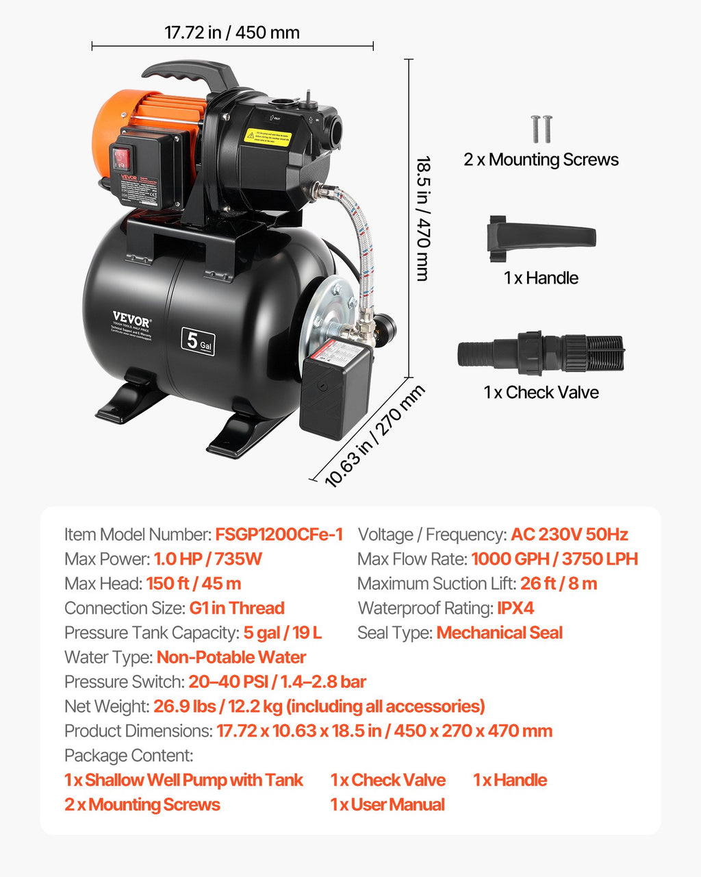 Vandens tiekimo stotelė VEVOR FSGP1200CFe-1, 3750 l/val.