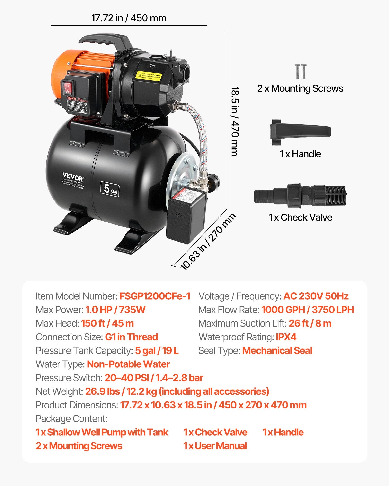 Vandens tiekimo stotelė VEVOR FSGP1200CFe-1, 3750 l/val.