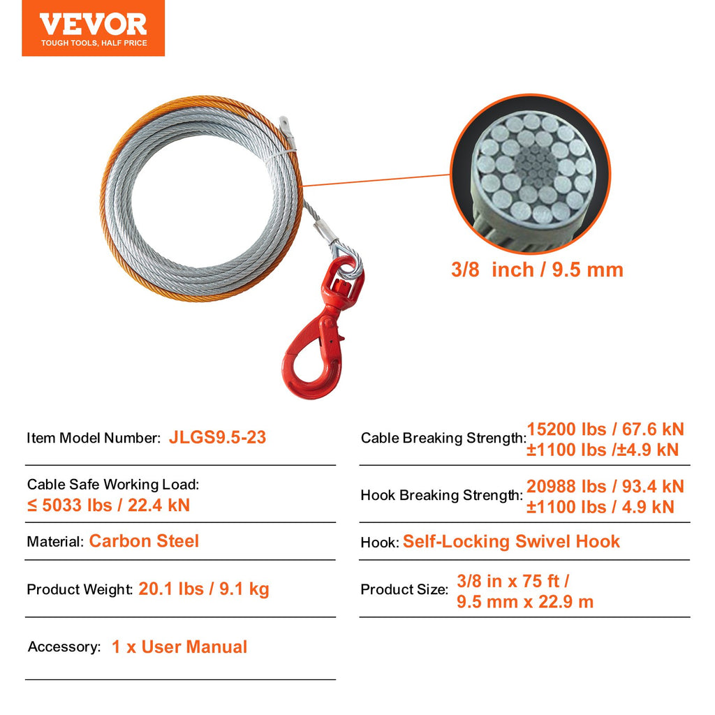 Plieninis gervės trosas VEVOR JLGS9.5-23, 6895 kg trūkimo jėga