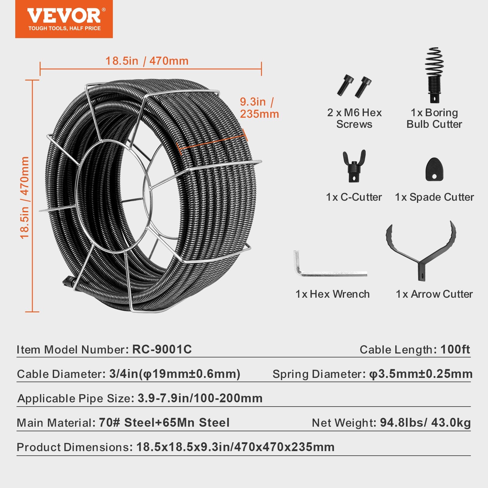Kanalizacijos valymo trosas VEVOR RC-9001C, 30,5 m x 19 mm