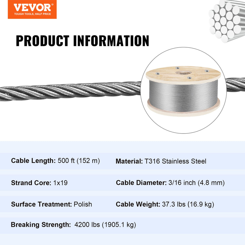 Plieninis trosas VEVOR 316 Stainless Steel, 152 m