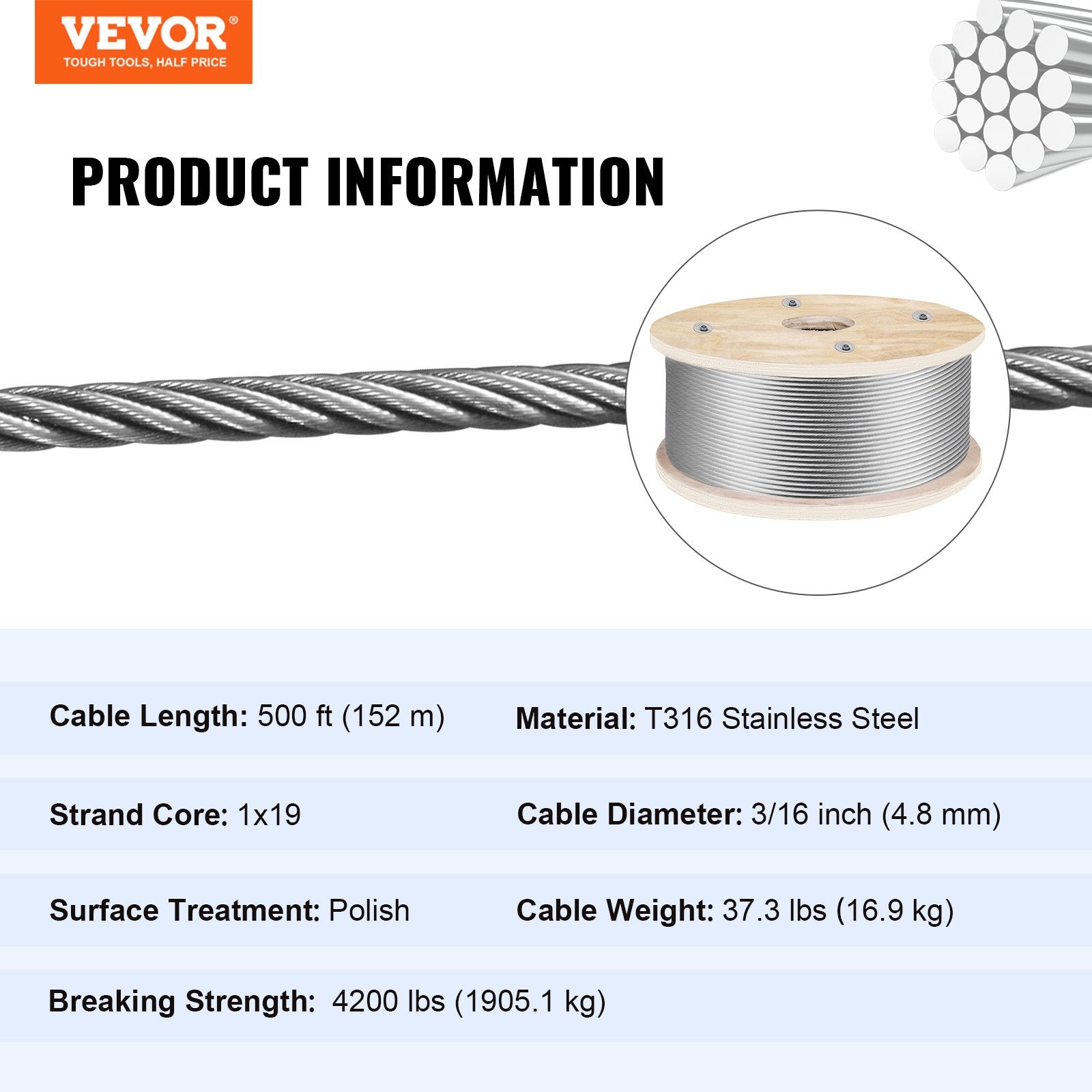 Plieninis trosas VEVOR 316 Stainless Steel, 152 m