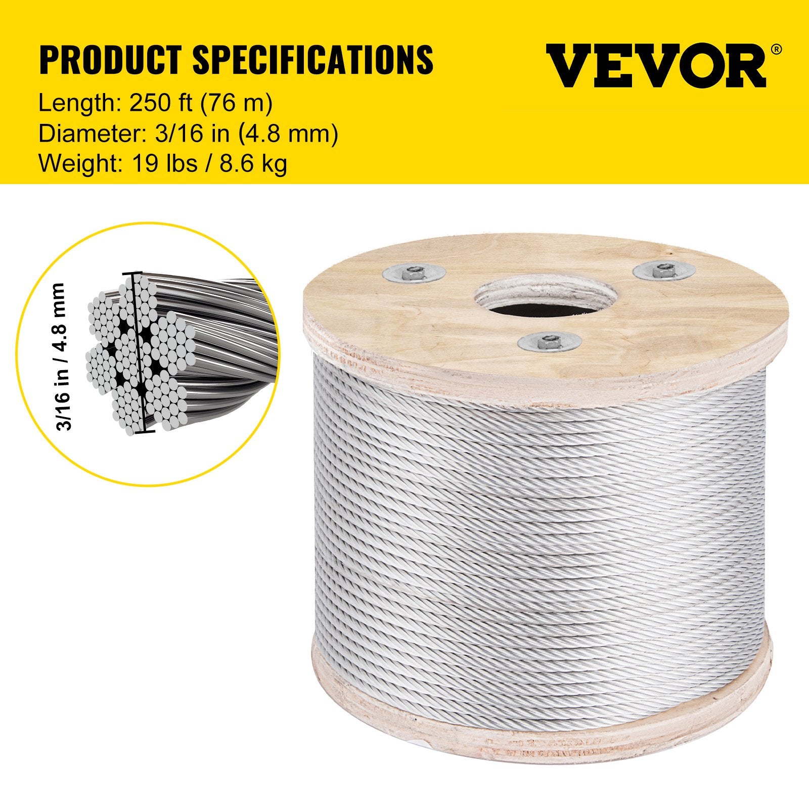 Plieninis trosas VEVOR 304 Stainless Steel, 76 m ilgio