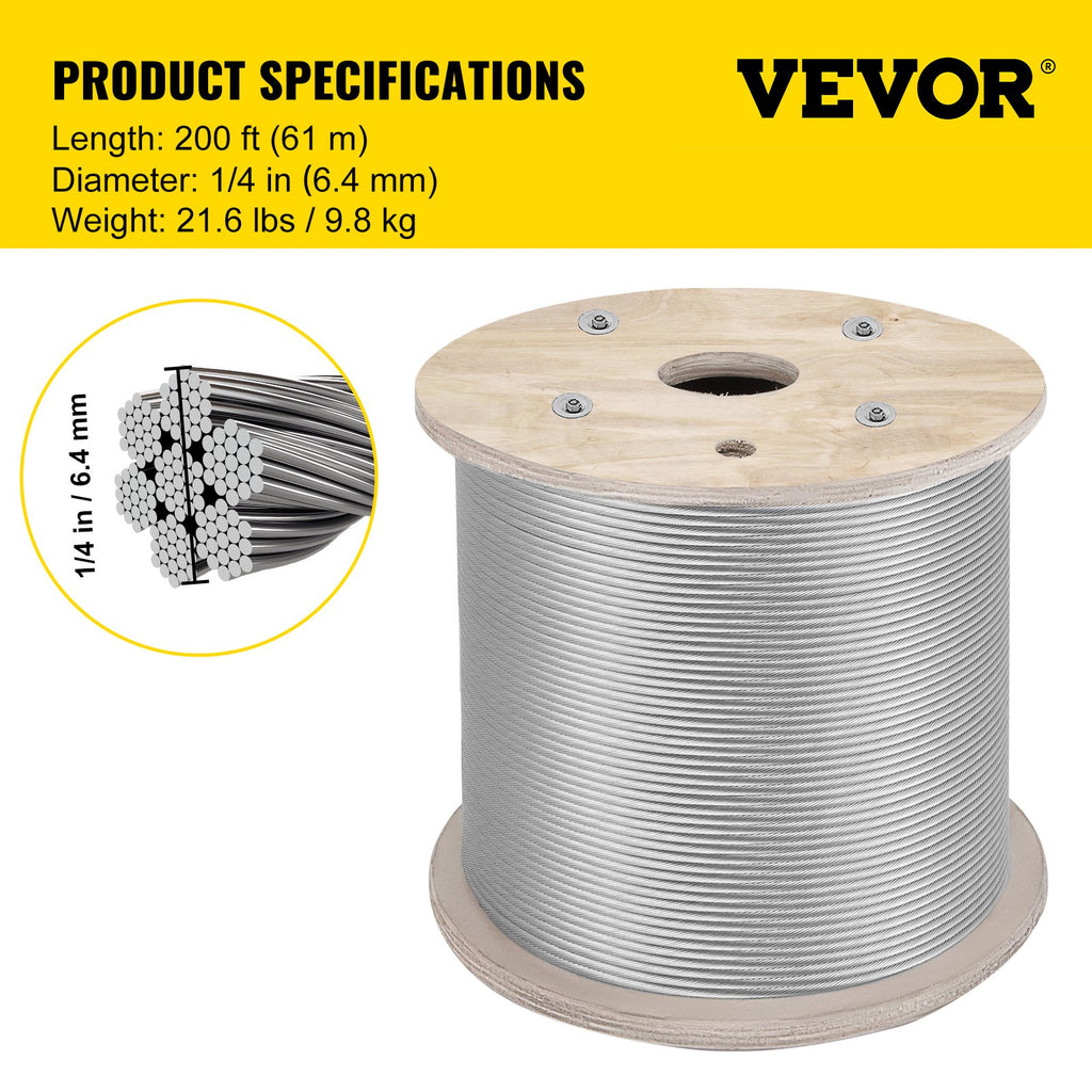 Plieninis trosas VEVOR T304 7x19, 6.4 mm x 61 m