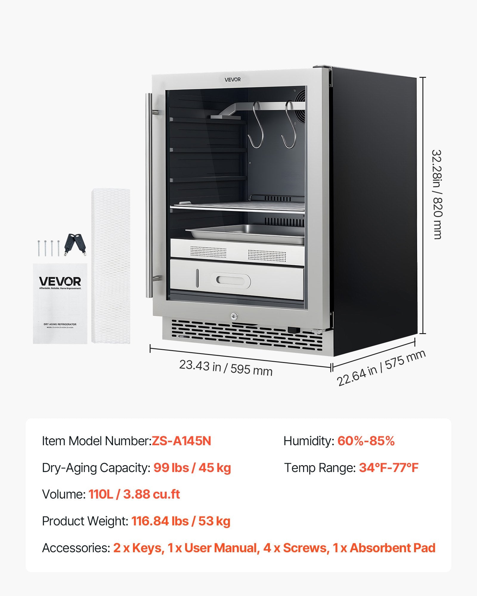 Mėsos brandinimo šaldytuvas VEVOR ZS-A145N, 45 kg talpa