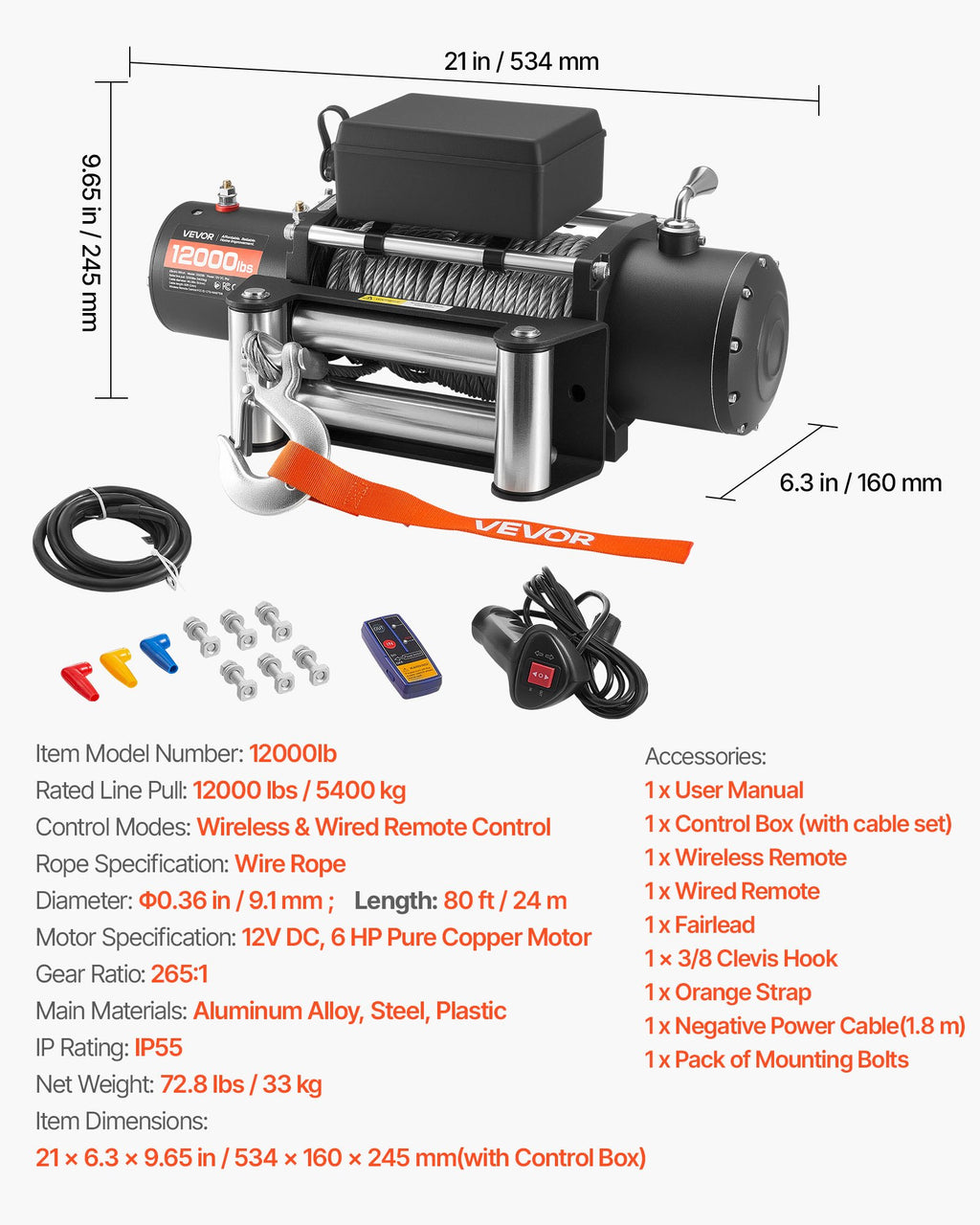 Elektrinė gervė VEVOR 12000lb, 5400 kg traukos galia