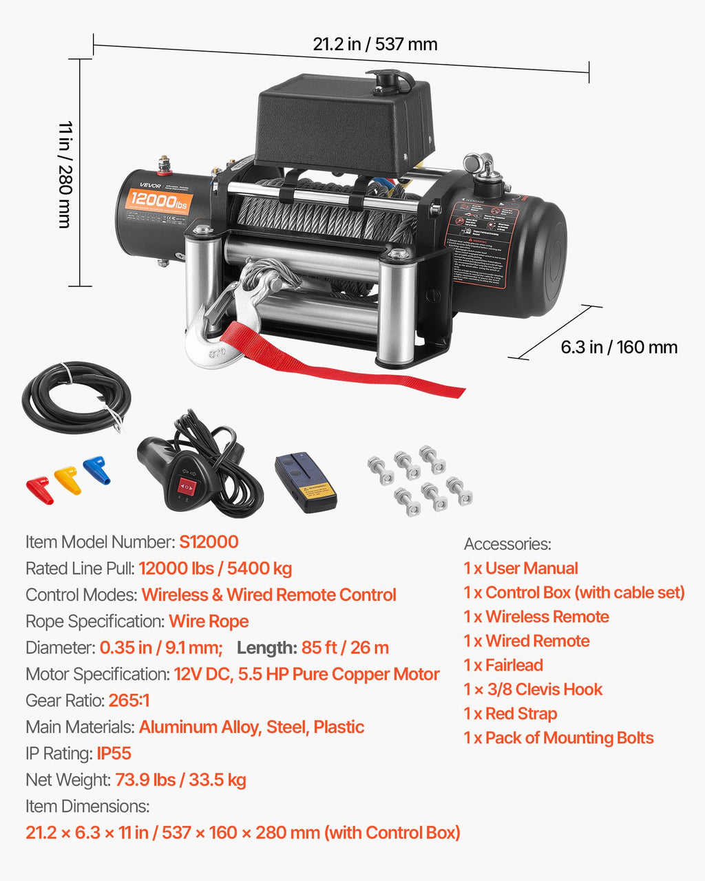 Elektrinė gervė VEVOR S12000, 5400 kg traukos galia