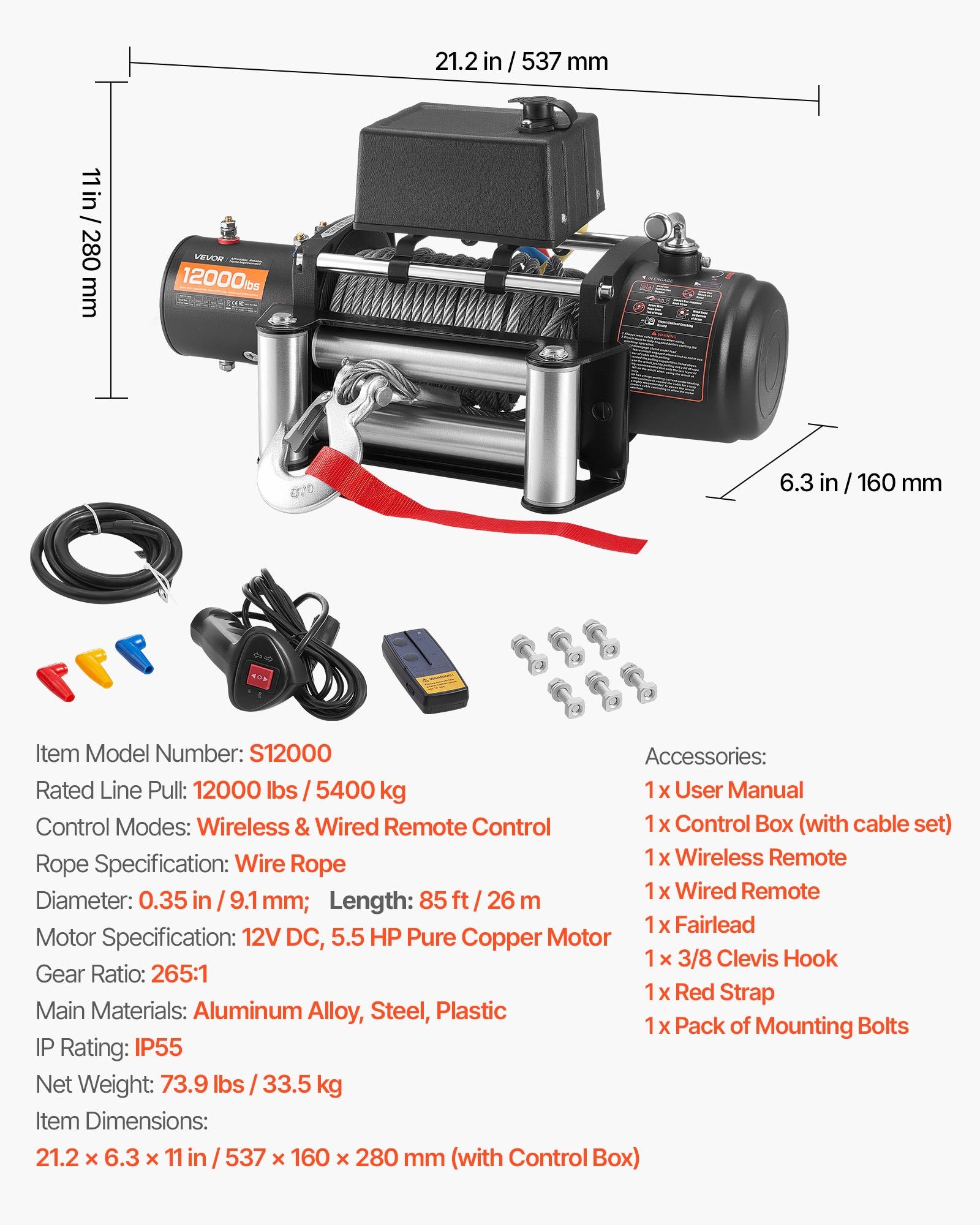 Elektrinė gervė VEVOR S12000, 5400 kg traukos galia