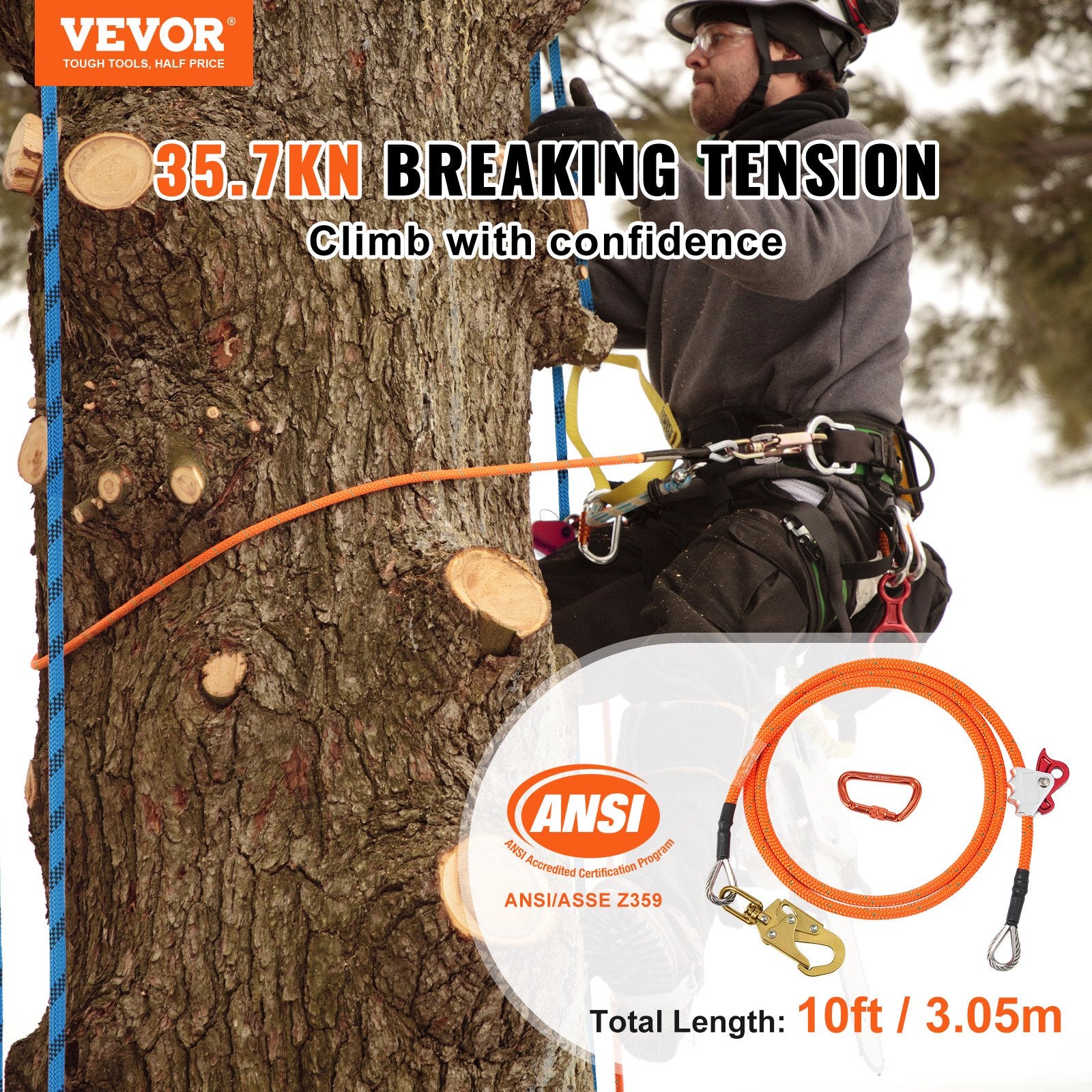 Arboristinis saugos lynas VEVOR ROPE-G-127-10, 12,7 mm