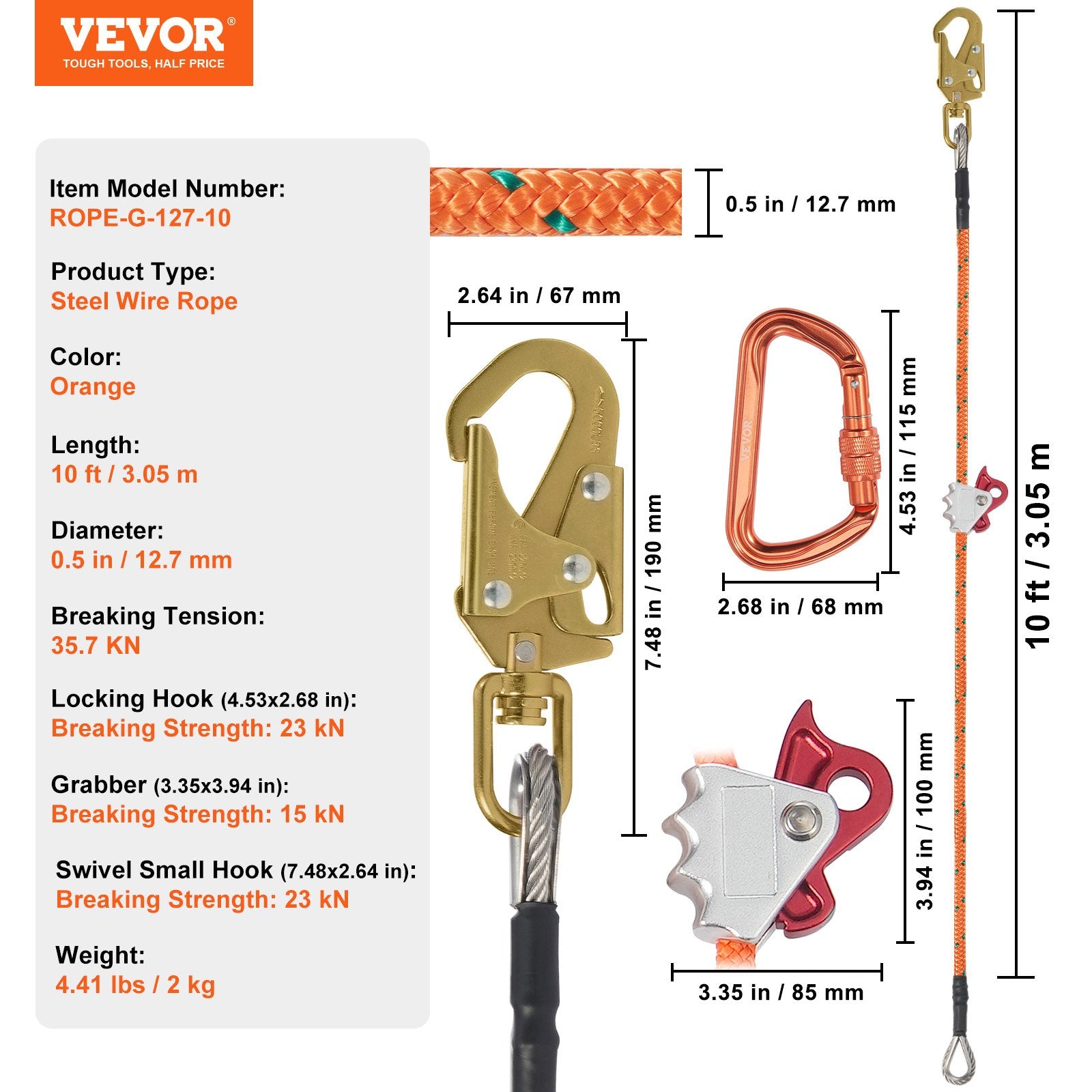Arboristinis saugos lynas VEVOR ROPE-G-127-10, 12,7 mm