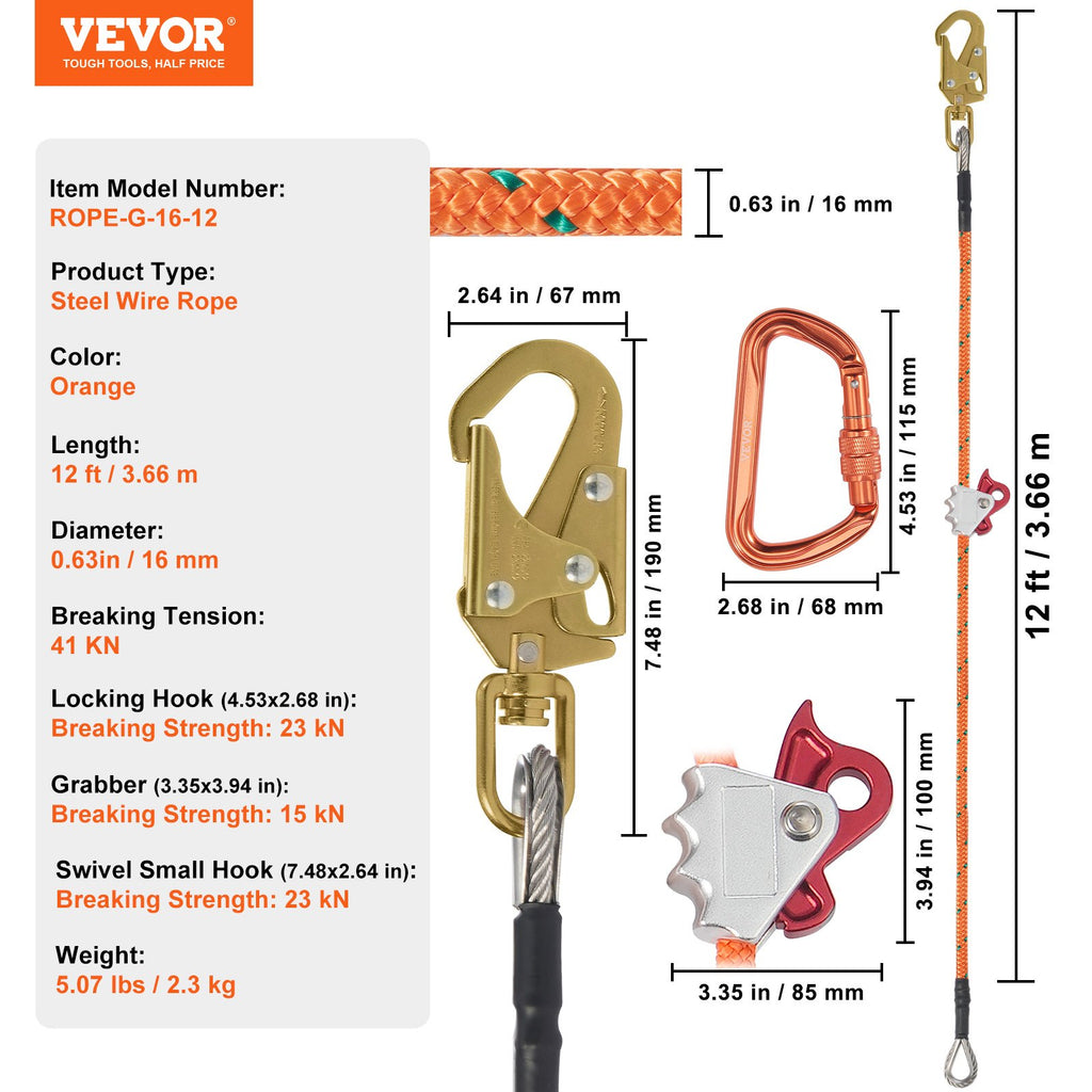 Arboroistų saugos virvė su plienine šerdimi VEVOR ROPE-G-16-12, 3,6 m
