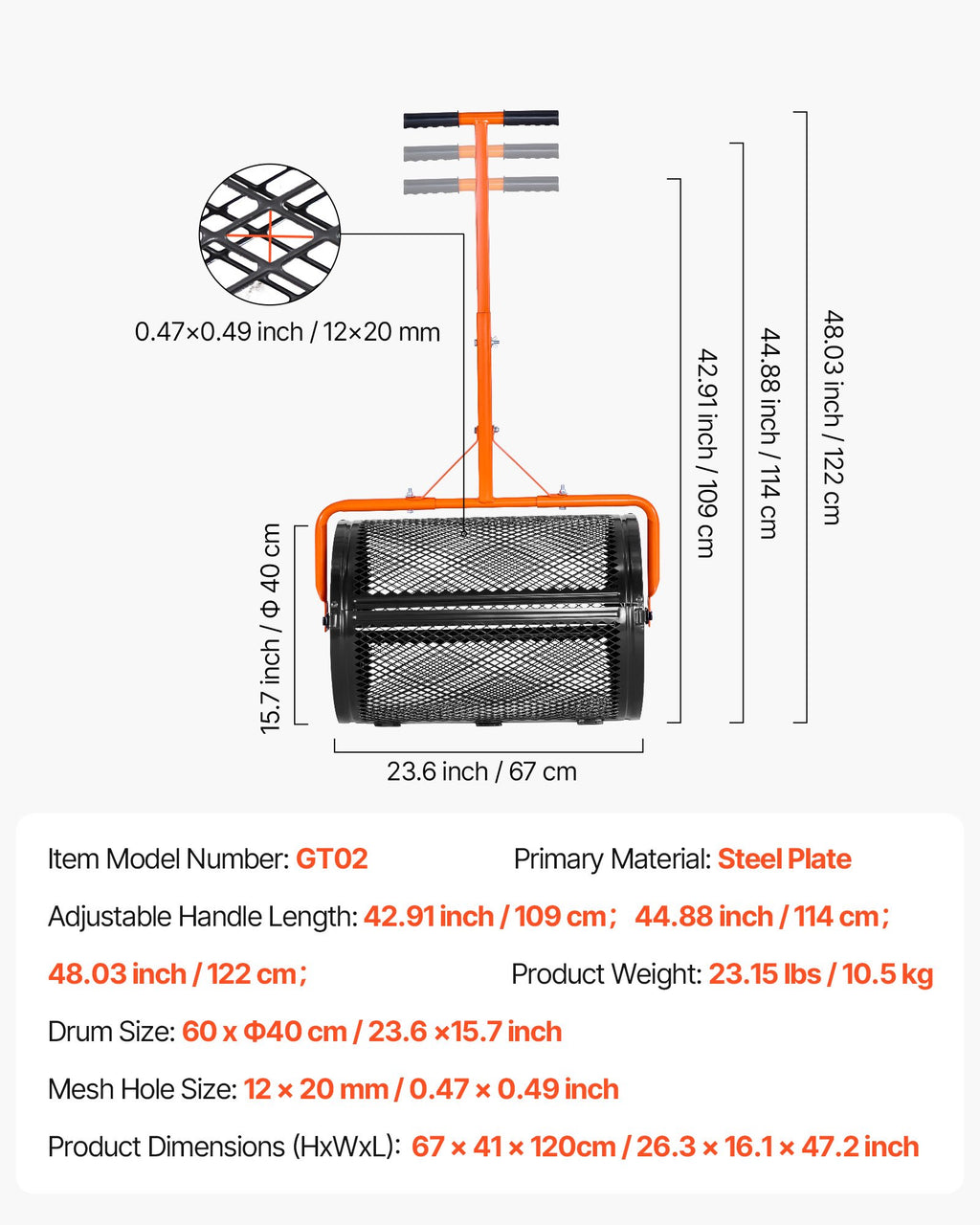 Komposto barstytuvas VEVOR GT02, 60 cm pločio