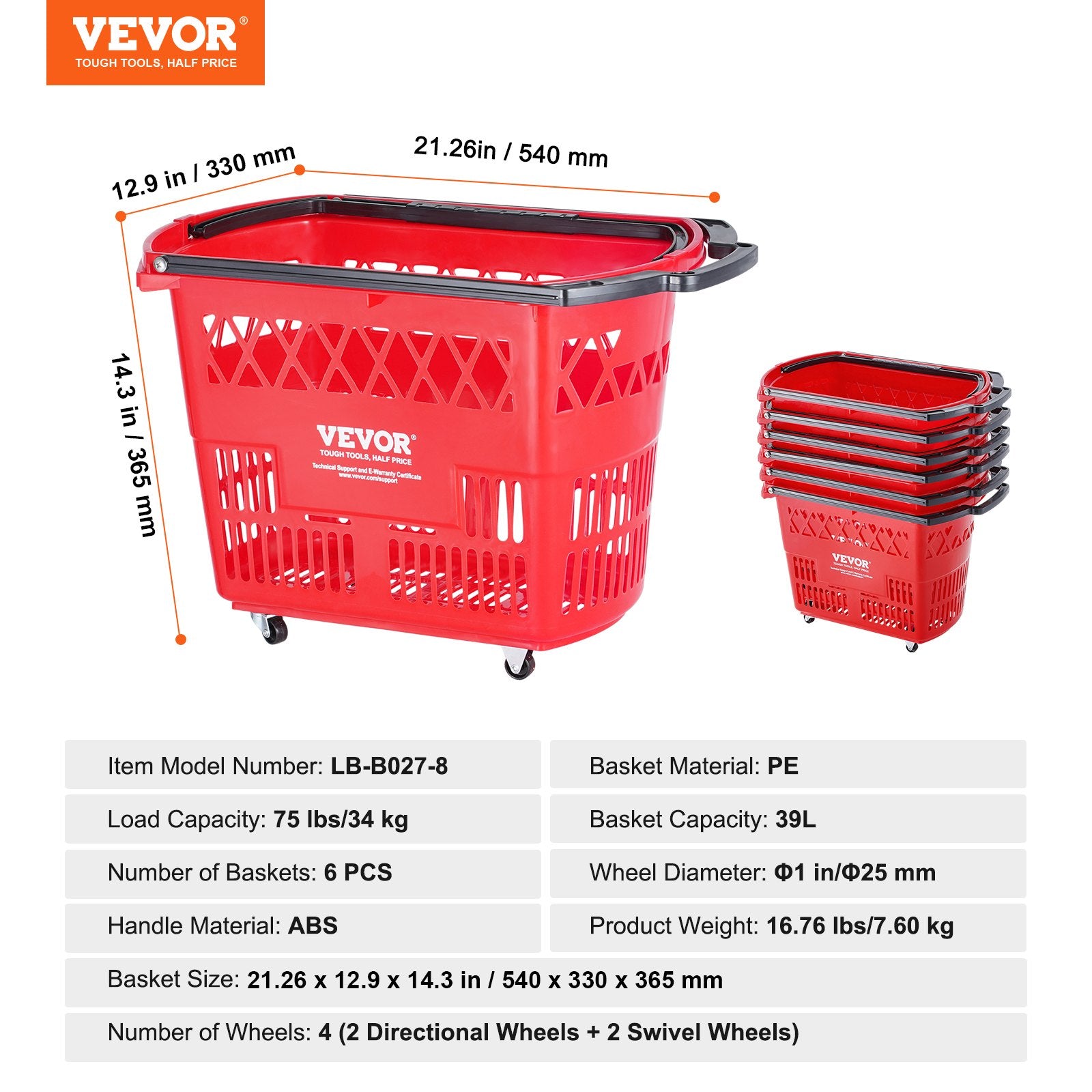 Pirkinių krepšiai VEVOR LB-B027-8, 39 l talpos, 6 vnt.