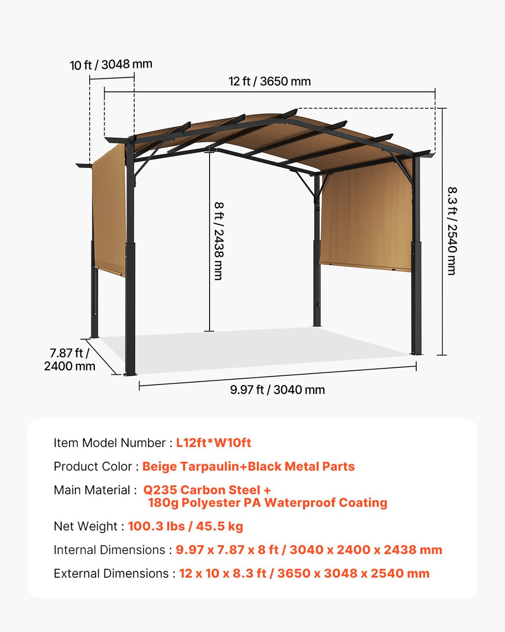 Lauko pergolė VEVOR L12ft*W10ft, 3,6 x 3 m