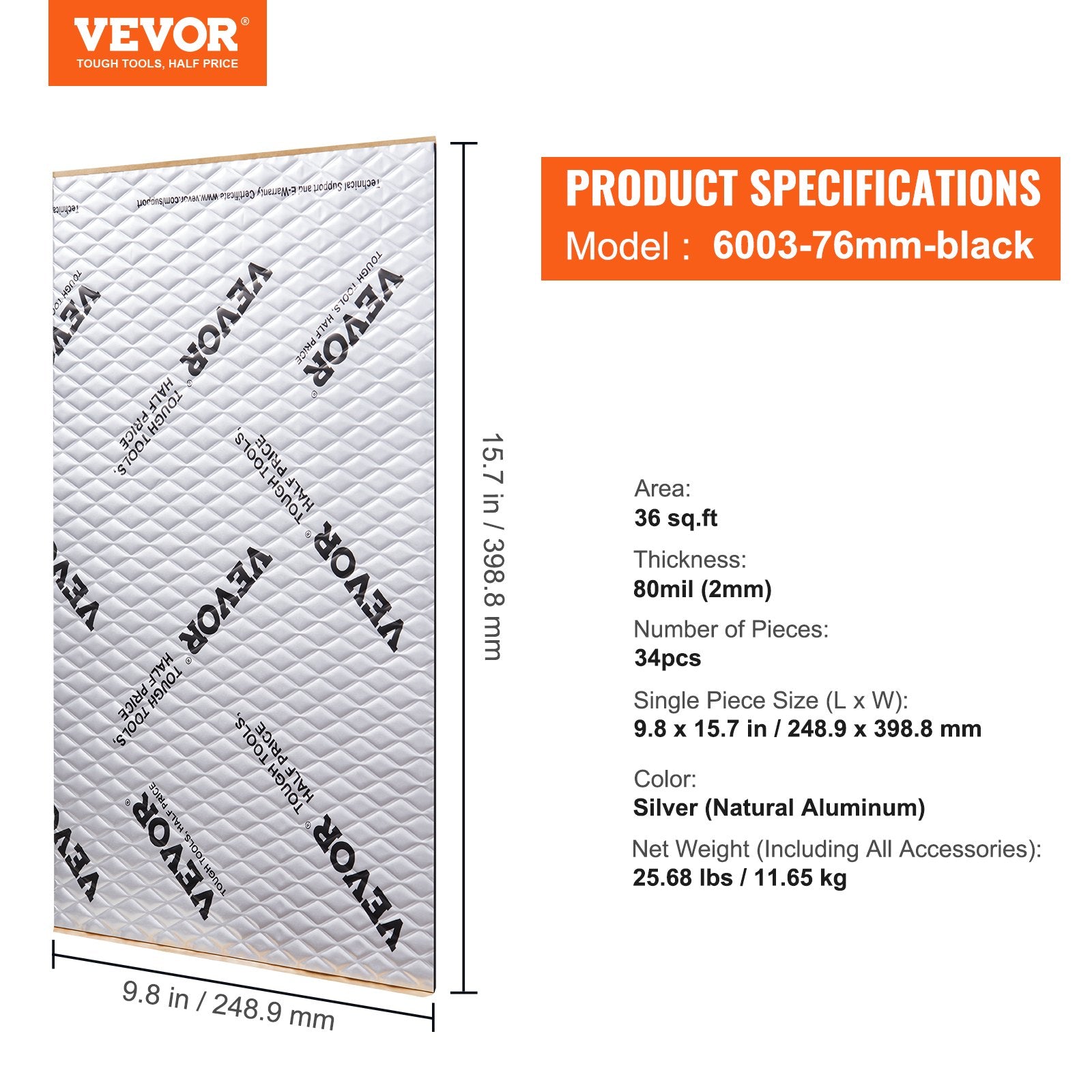 Automobilio garso izoliacija VEVOR 6003-76mm-black, 80 mil (2 mm)