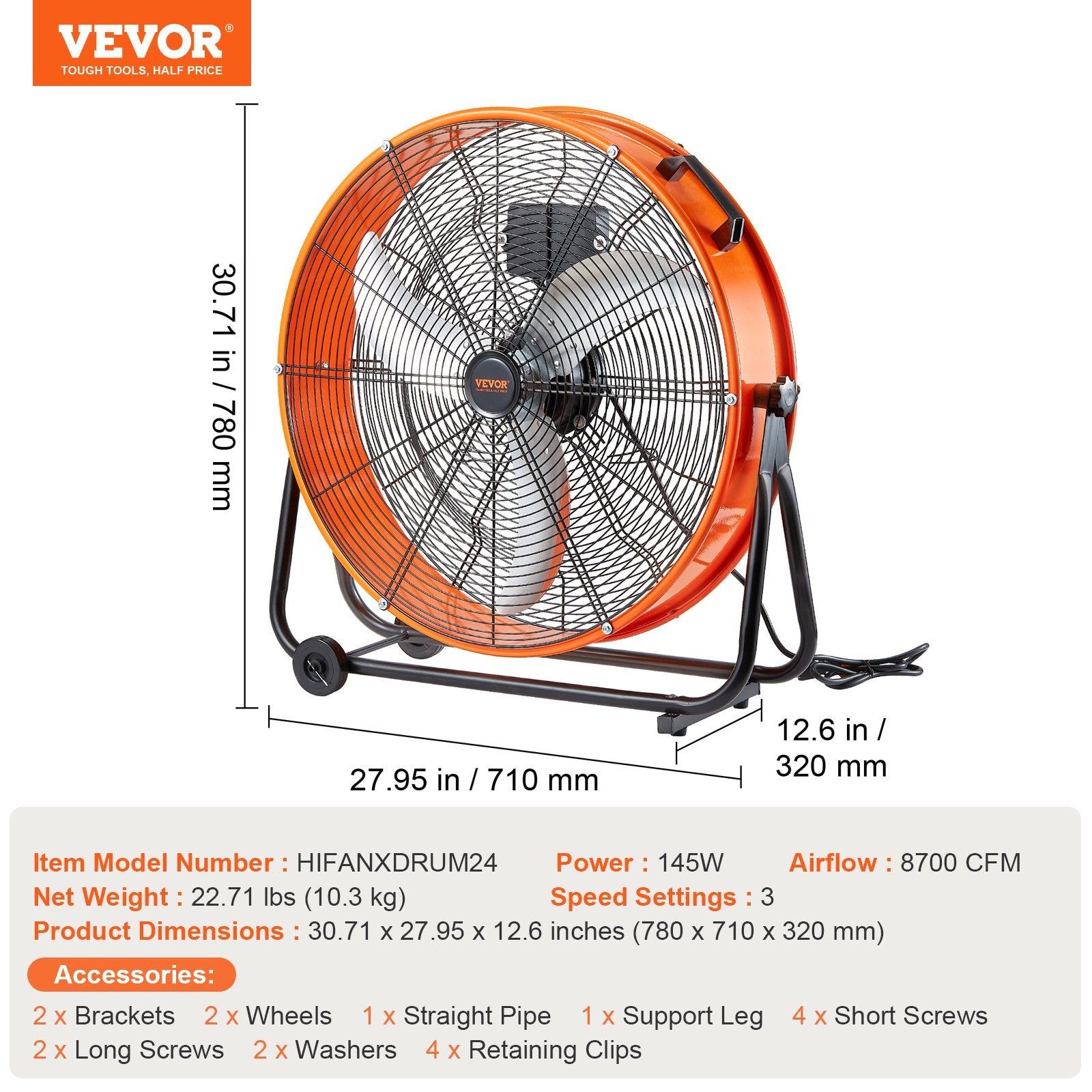 Pramoninis būgninis ventiliatorius VEVOR HIFANXDRUM24, 8700 CFM