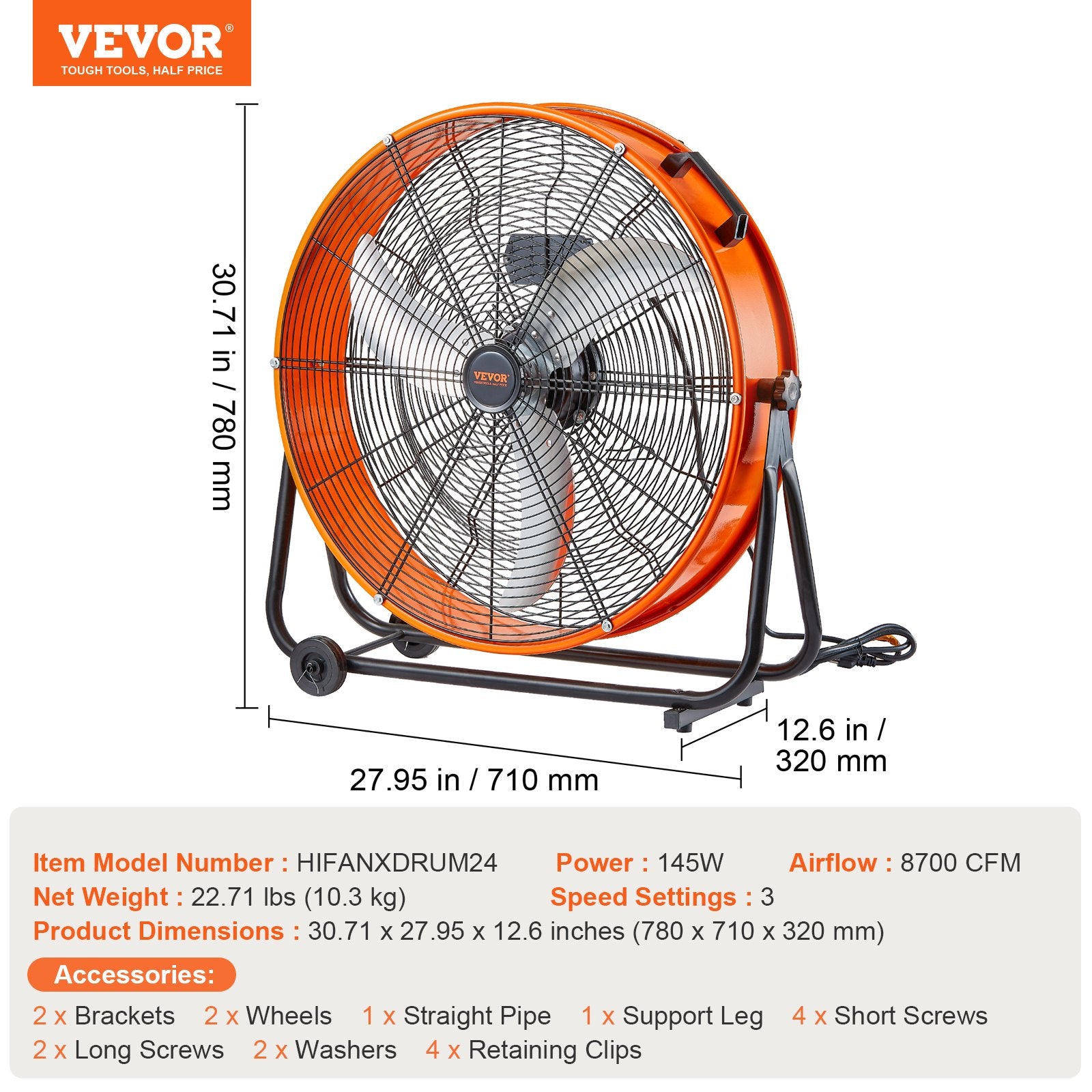 Pramoninis būgninis ventiliatorius VEVOR HIFANXDRUM24, 61 cm