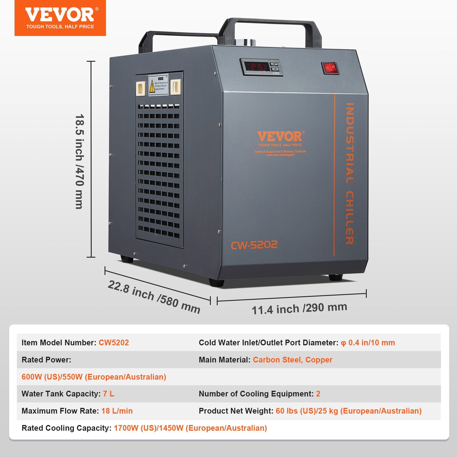 Pramoninis vandens aušintuvas VEVOR CW-5202, 1450 W aušinimo galia