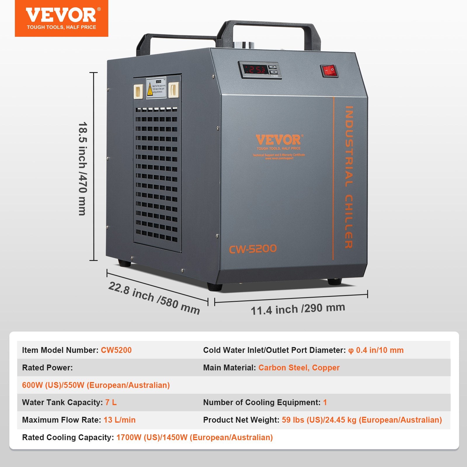 Pramoninis vandens aušintuvas VEVOR CW-5200, 1450 W aušinimo galia