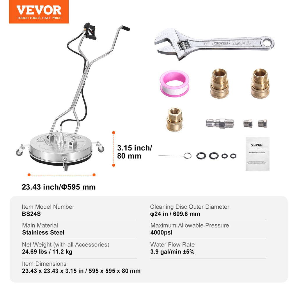 Aukšto slėgio plovimo įrenginio paviršių valytuvas VEVOR BS24S, 61 cm