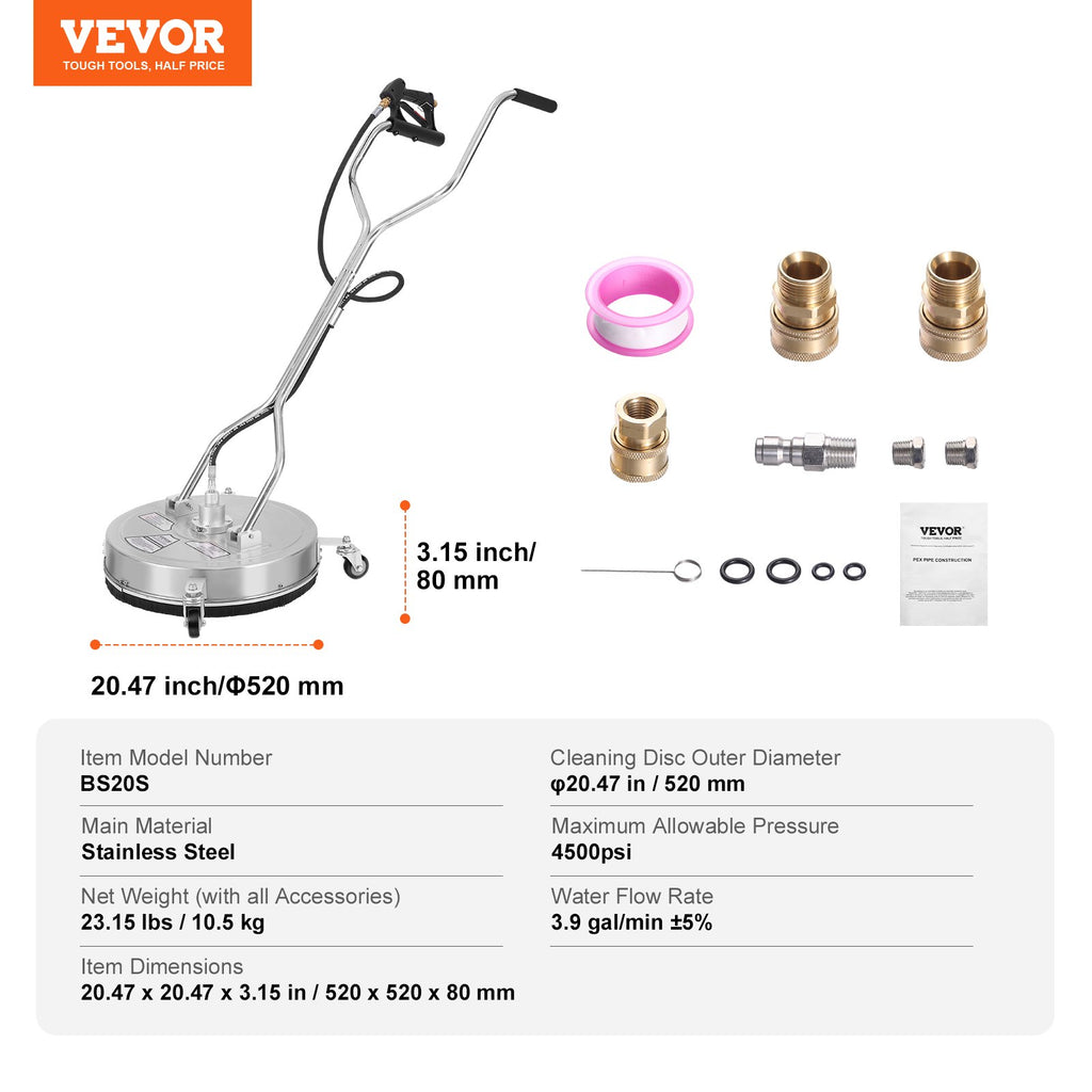 Aukšto slėgio plovimo įrenginio paviršių valytuvas VEVOR BS20S, 50,8 cm