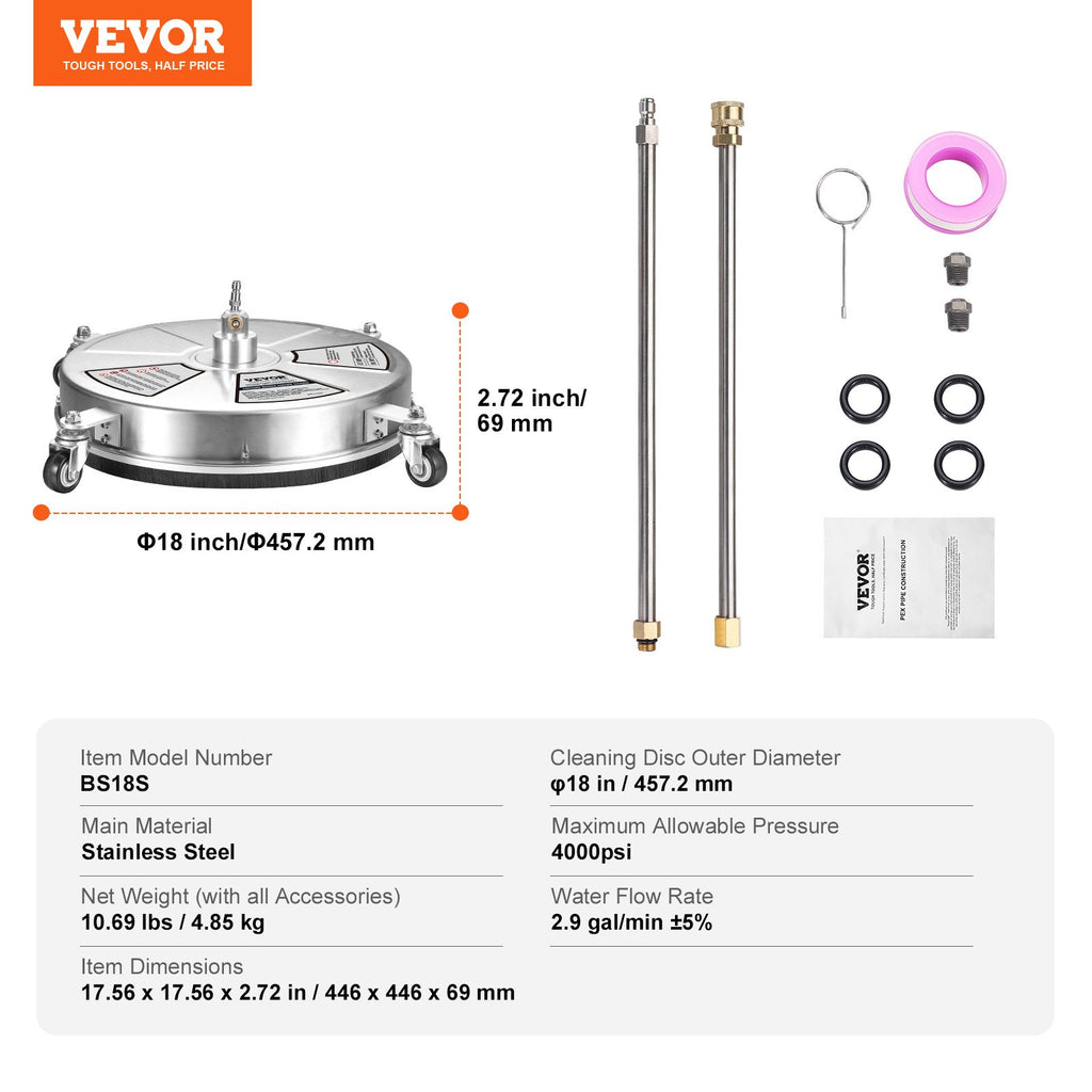 Aukšto slėgio plovimo įrenginio paviršių valiklis VEVOR BS18S, 45,7 cm (18"), 4000 PSI