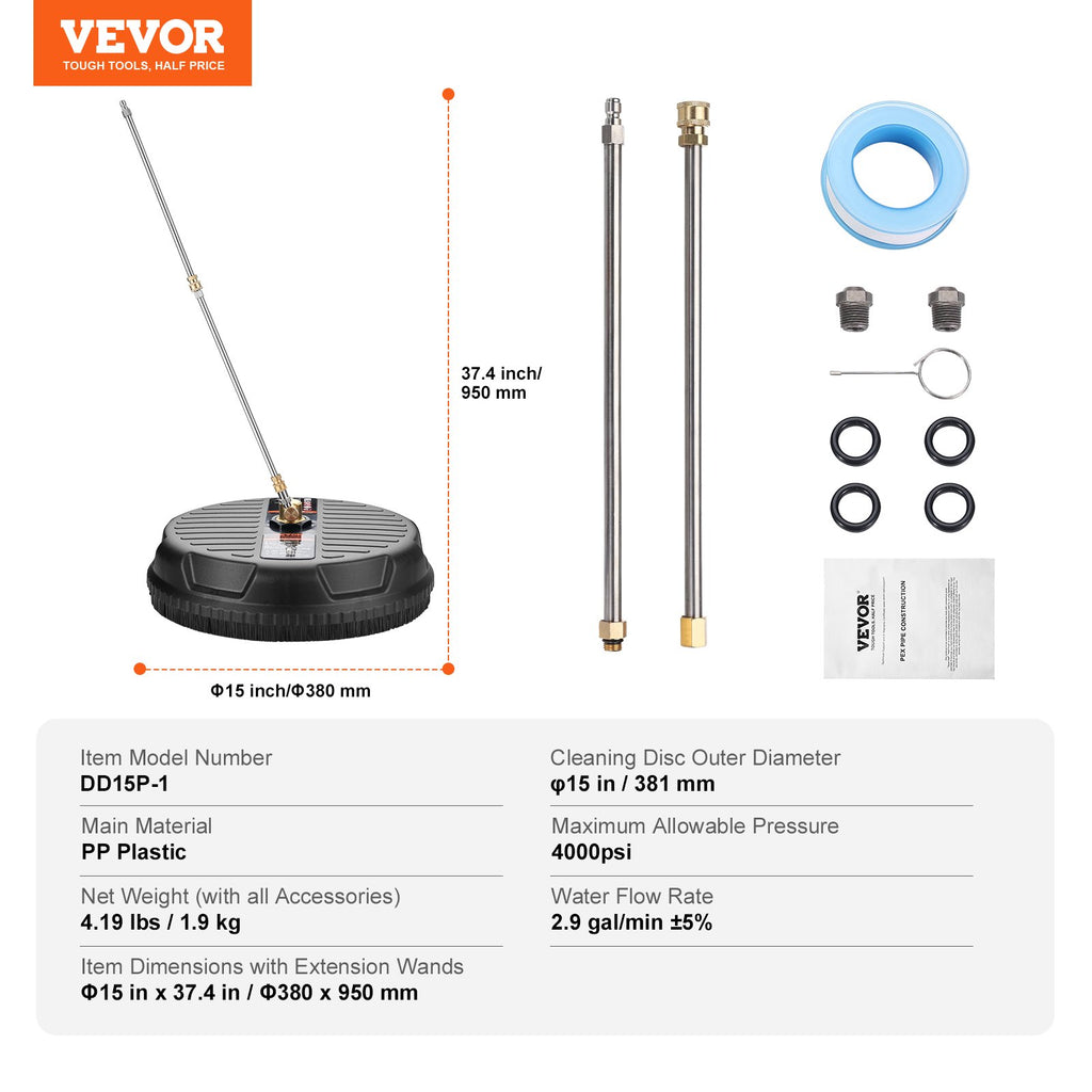Aukšto slėgio plovimo įrenginio paviršių valiklis VEVOR DD15P-1, 38 cm, 4000 PSI