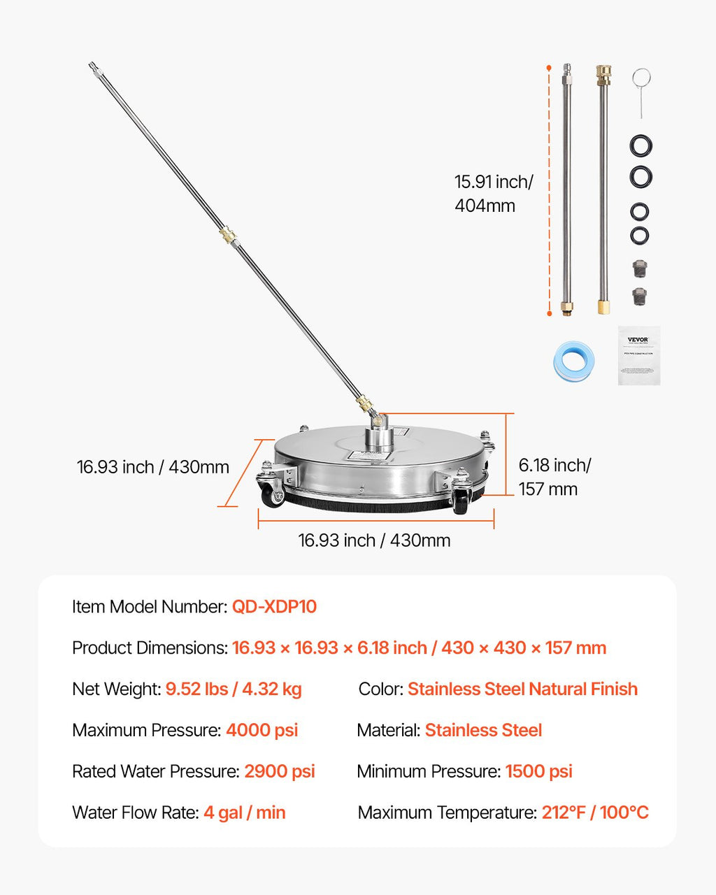 Aukšto slėgio plovimo įrenginio paviršių valiklis VEVOR QD-XDP10, 4000 PSI