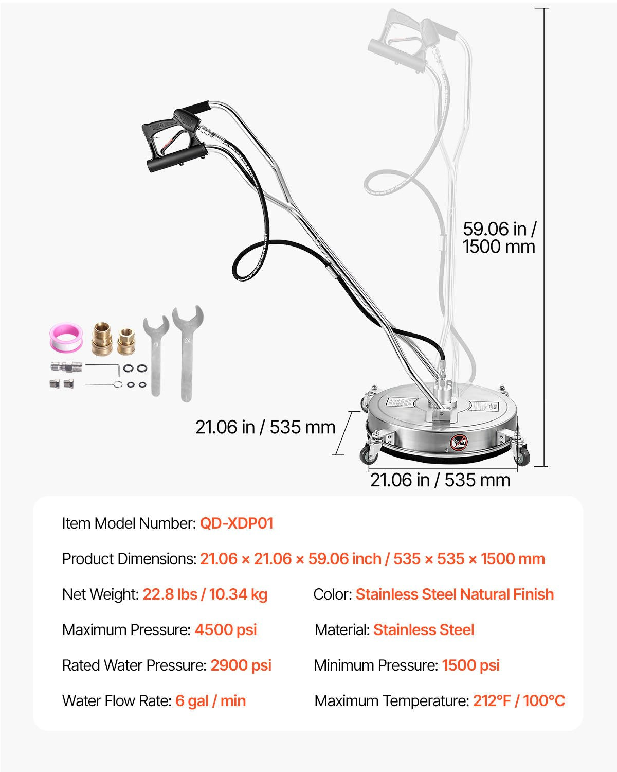 Aukšto slėgio paviršių valytuvas VEVOR QD-XDP01, 53 cm