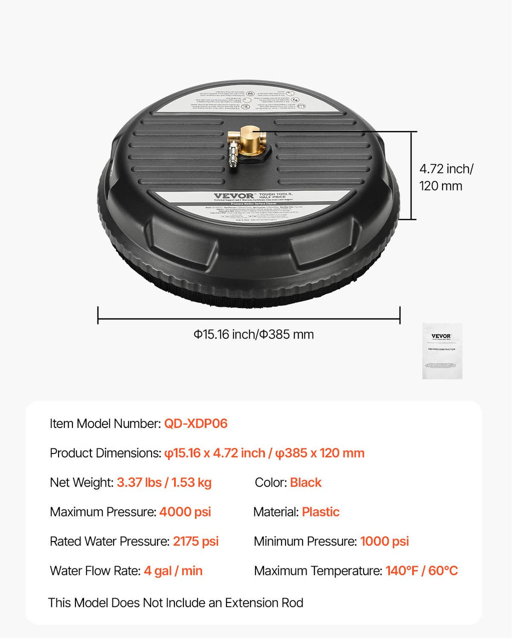 Aukšto slėgio plovimo įrenginio paviršių valiklis VEVOR QD-XDP06, 3000 PSI